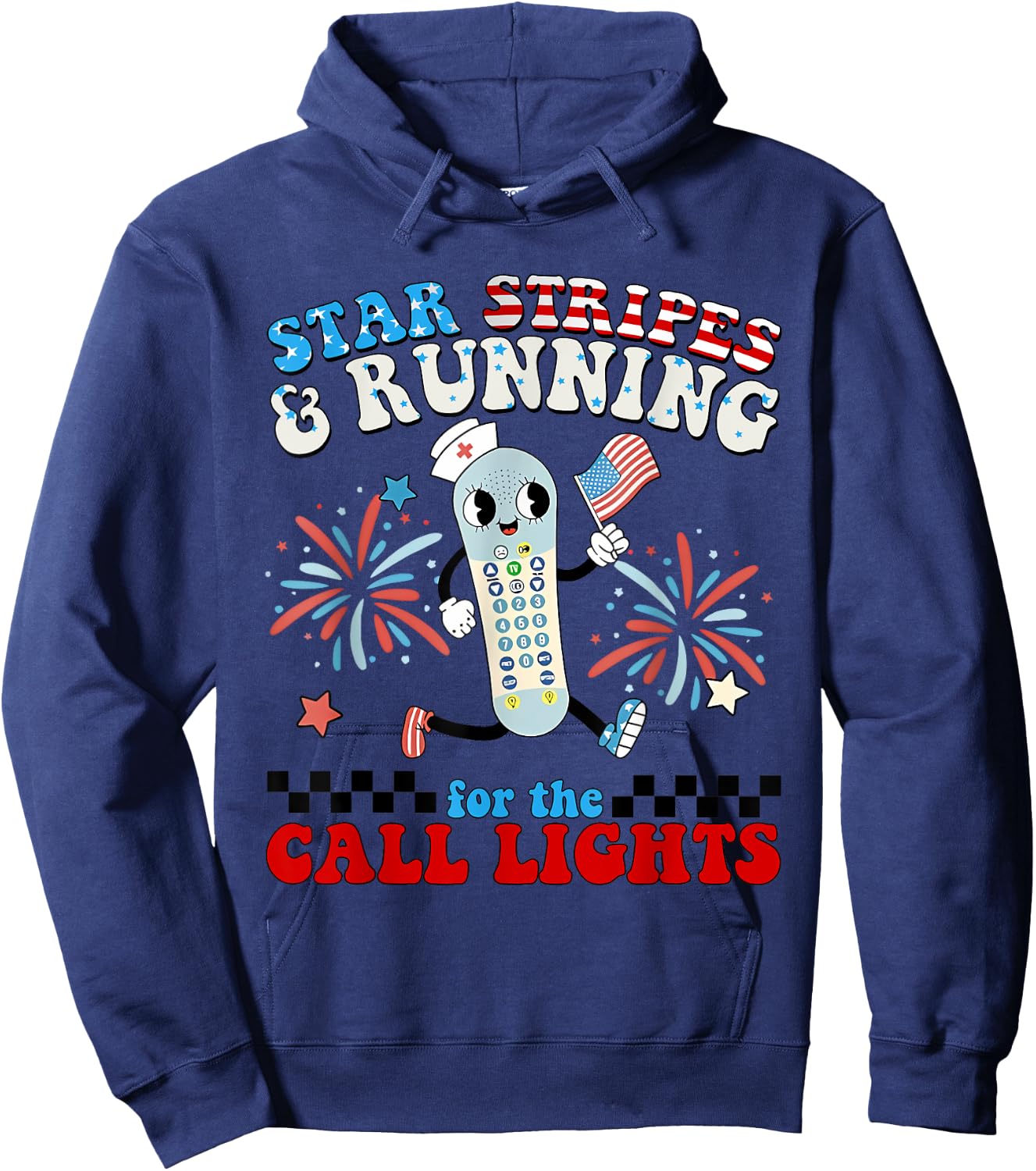 4th July Er Nurse Stars Stripes and Running for Call Lights Hoodie - Hoodie | Navy