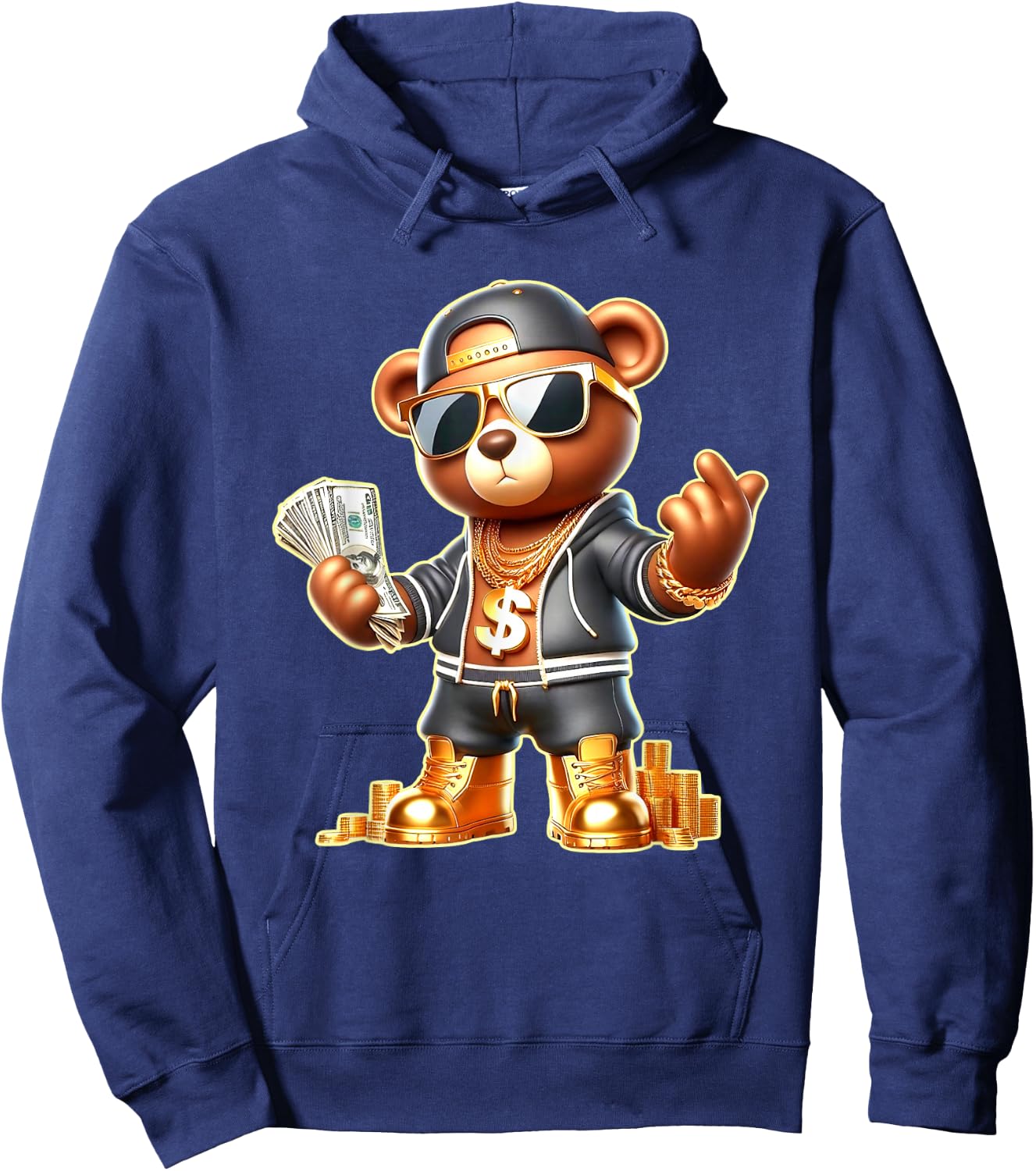 Golden Teddy Bear Money Stacks Golden Chain Gangsta Hoodie - Hoodie | Navy