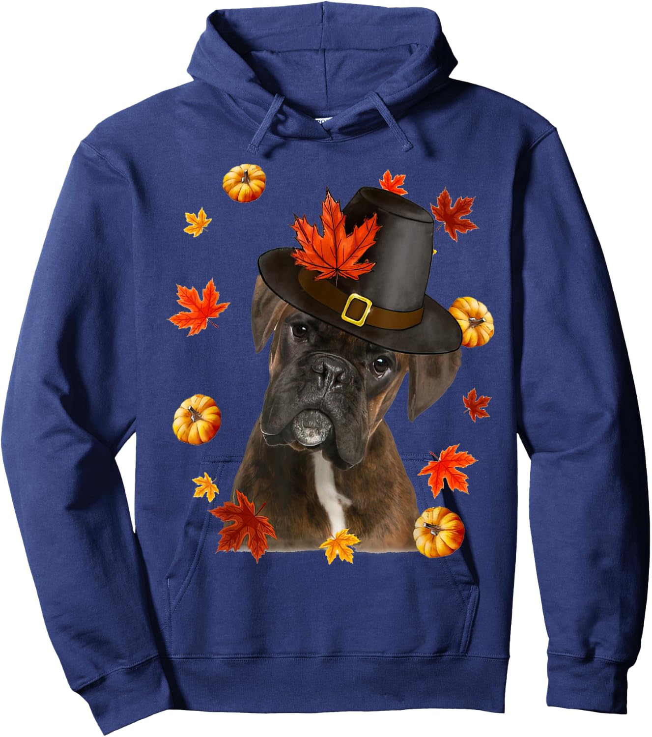 Boxer Dog Pilgrim Hat Fall Happy Thanksgiving Day Hoodie - Hoodie | Navy