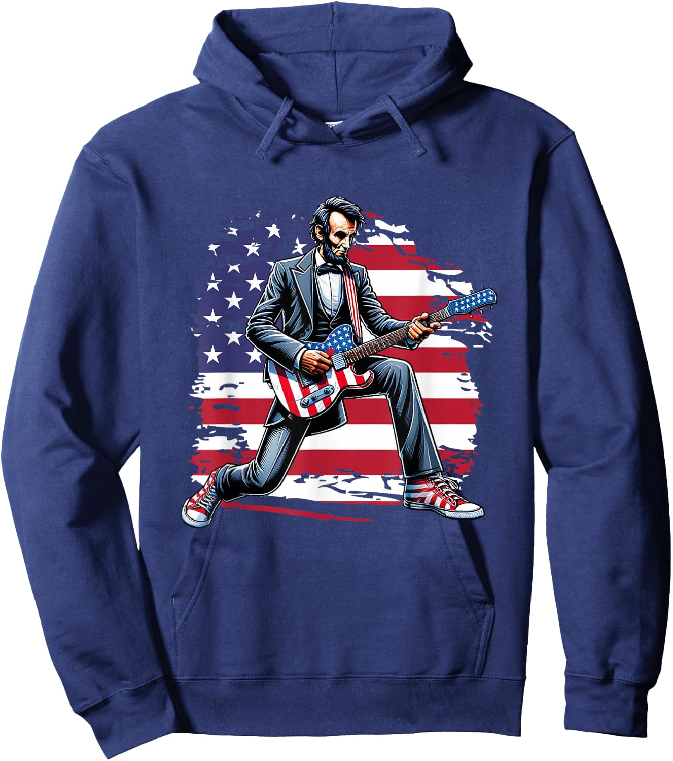 American Flag Patriotic Rock Guitar Abe Lincoln 4th Of July Hoodie - Hoodie | Navy