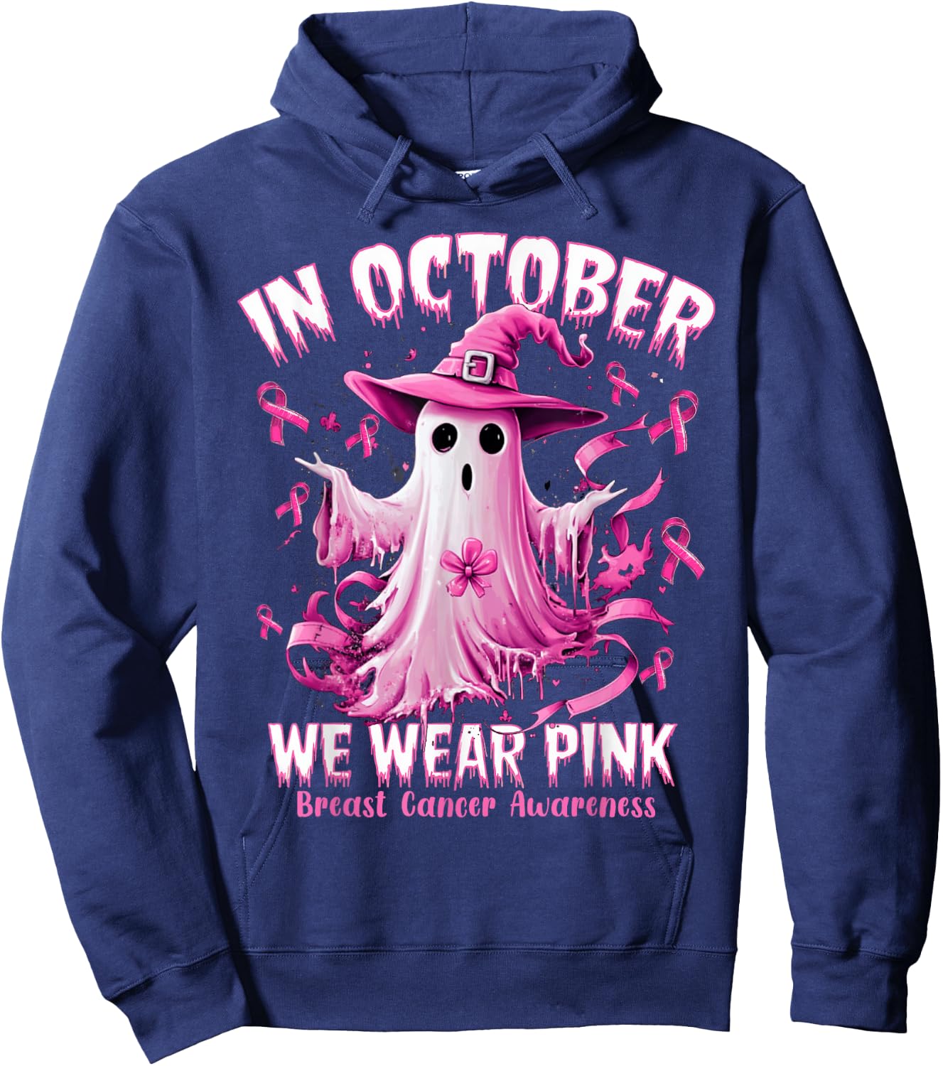 In October We Wear Pink Ghost Witch Breast Cancer Awareness Hoodie - Hoodie | Navy