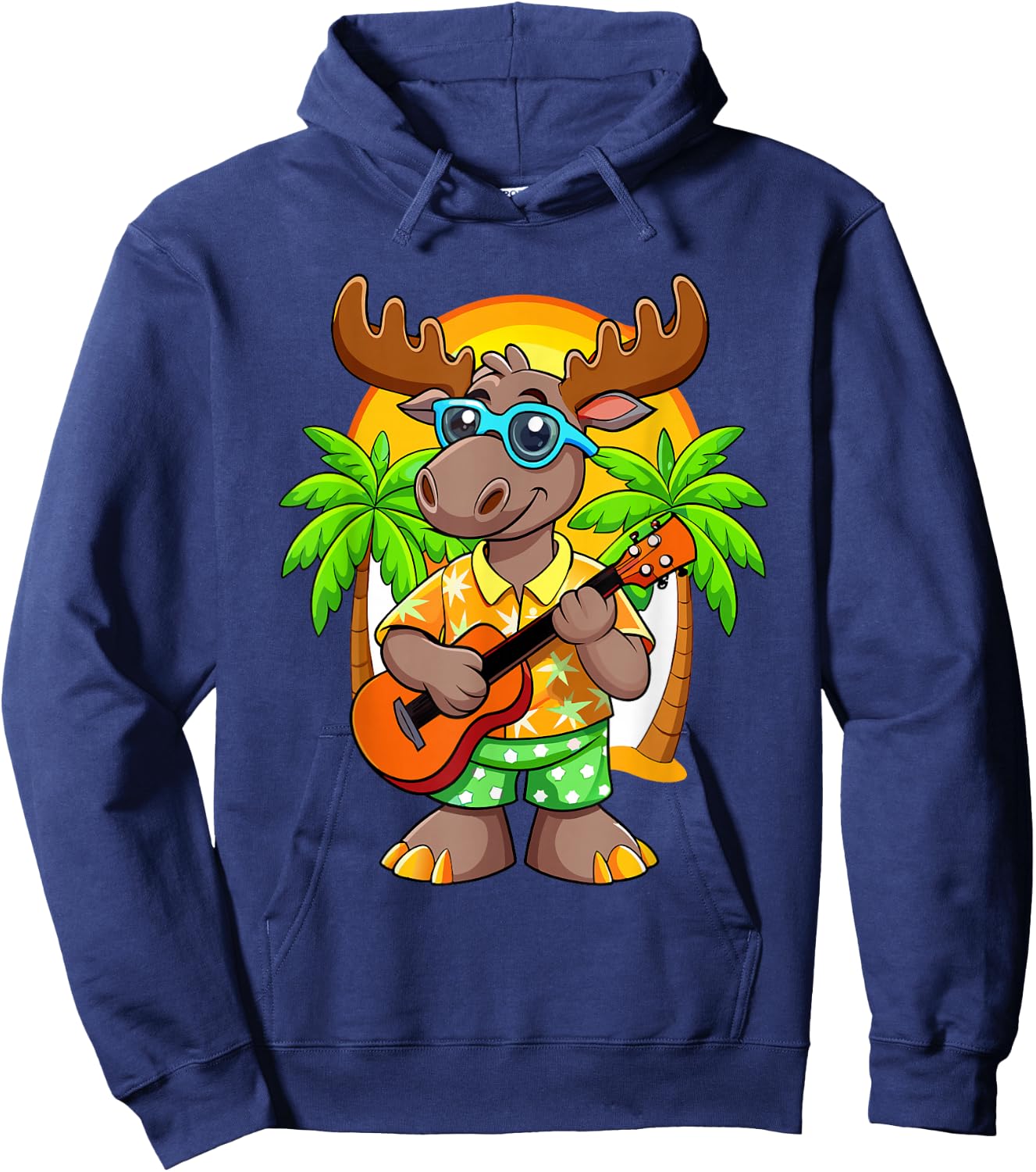 Funny Moose Summer Beach Sunglasses Hawaiian with Ukelele Hoodie - Hoodie | Navy