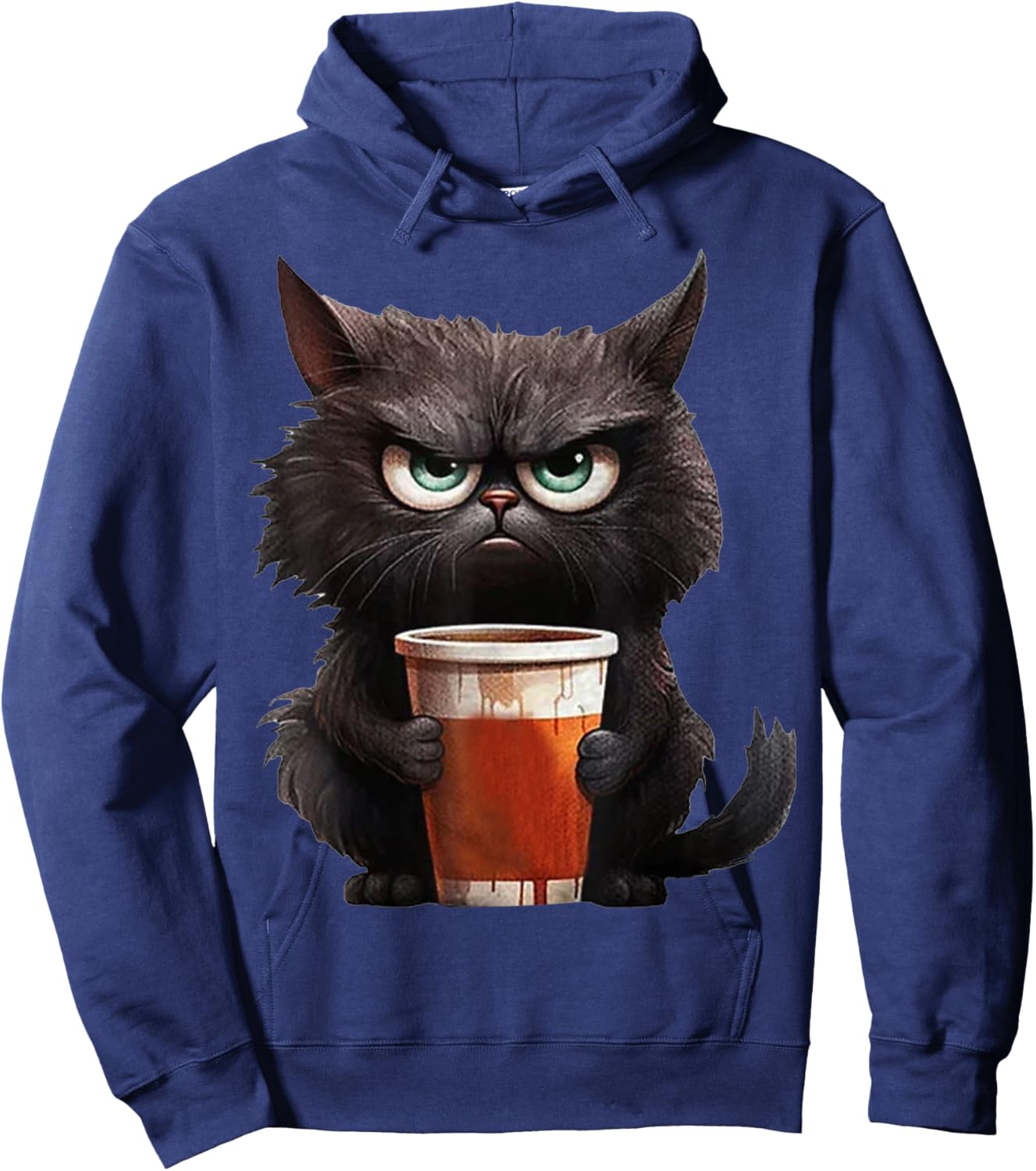 Cute Black Cat drinking coffee cup - Grumpy angry black cat Men Women Kids Hoodie - Hoodie | Navy