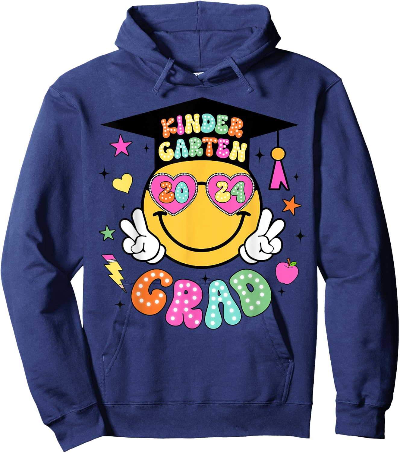 Groovy Kindergarten Graduate Happy Face Graduation 2024 Grad Hoodie - Hoodie | Navy