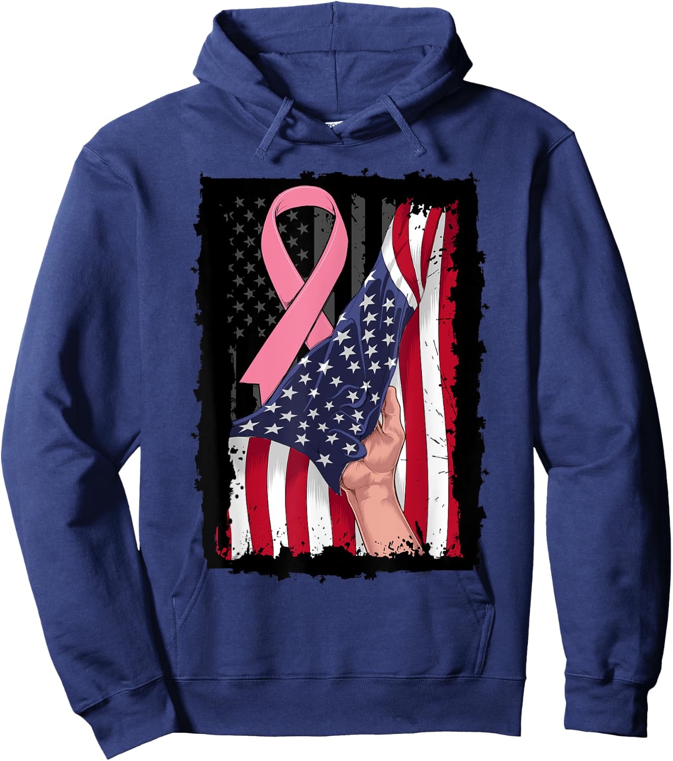 Pink Breast Cancer Awareness American USA Flag 4th of July Women Kids Men Hoodie - Hoodie | Navy