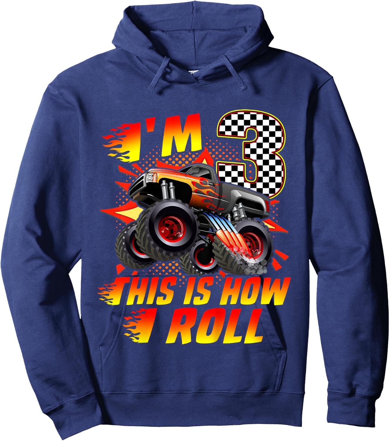 Kids I'm 3 This Is How I Roll Monster Truck Car 3rd Birthday Boys Hoodie - Hoodie | Navy
