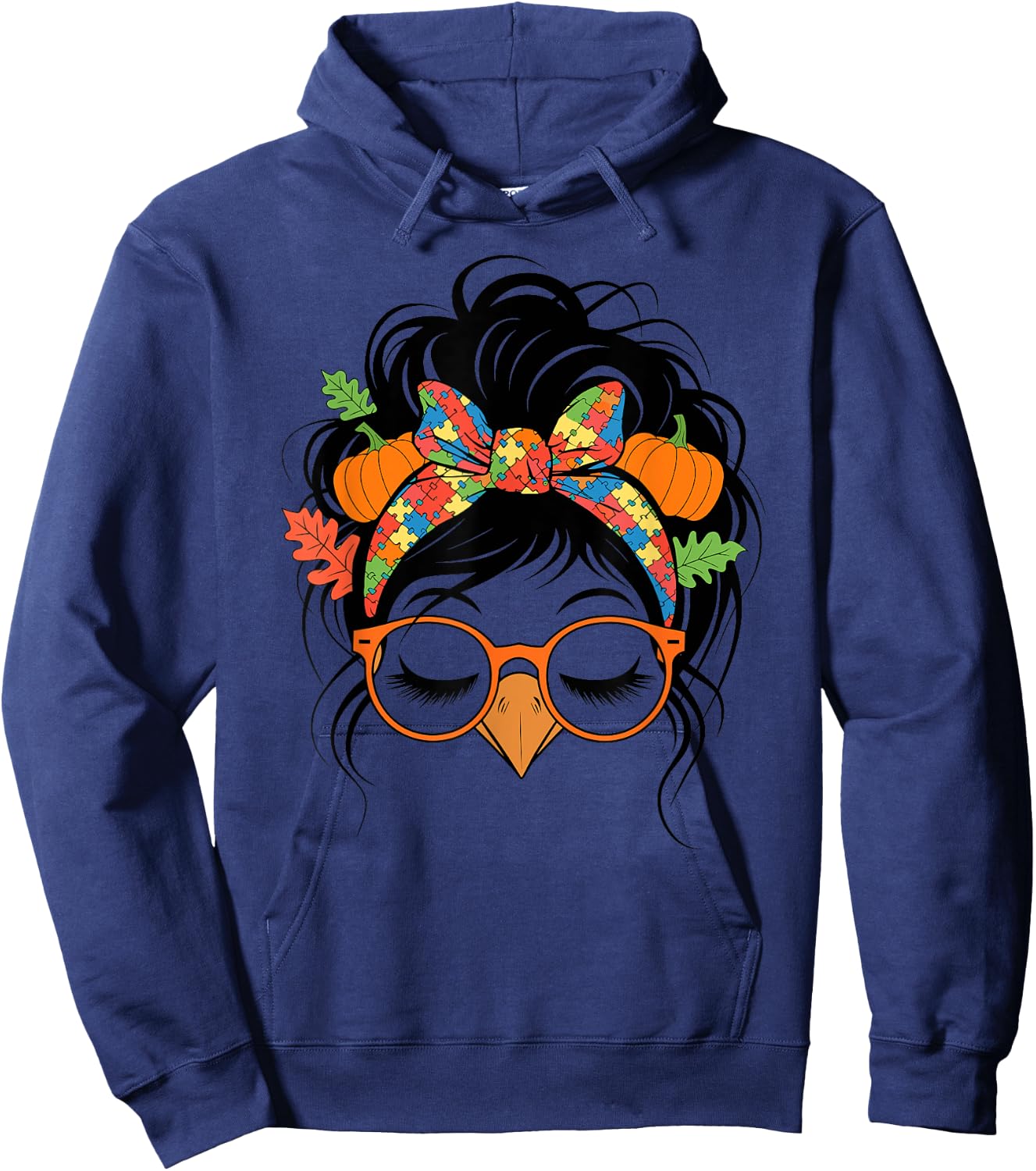 Autism Messy Bun Hair Turkey Fall Thanksgiving Girls Hoodie - Hoodie | Navy