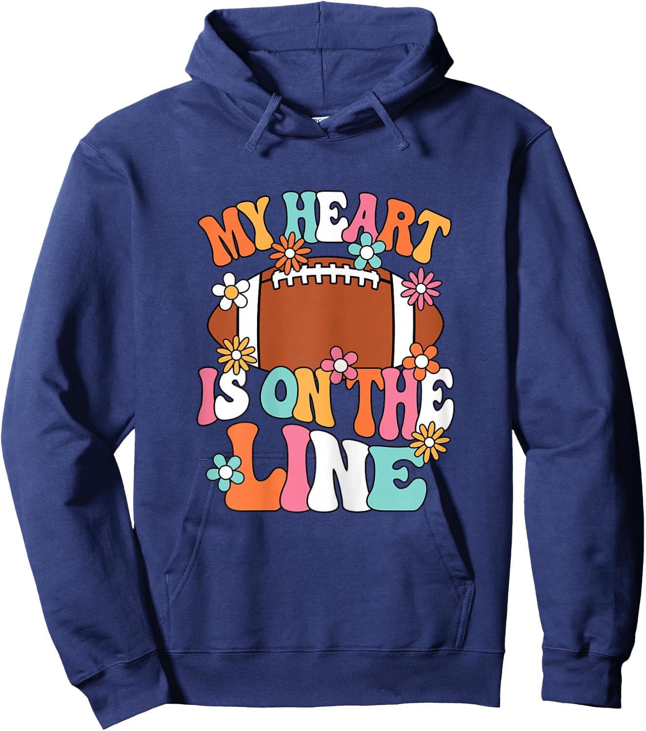 My Heart Is On The Line Groovy Women Football Mom Grandma Hoodie - Hoodie | Navy