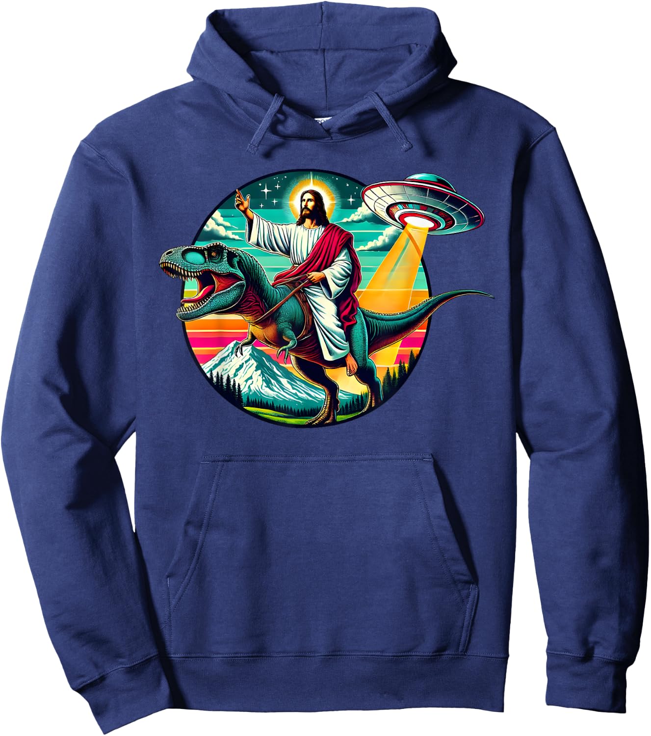 Jesus Riding Dinosaur UFO Alien Cross Religious Retro God Hoodie - Hoodie | Navy
