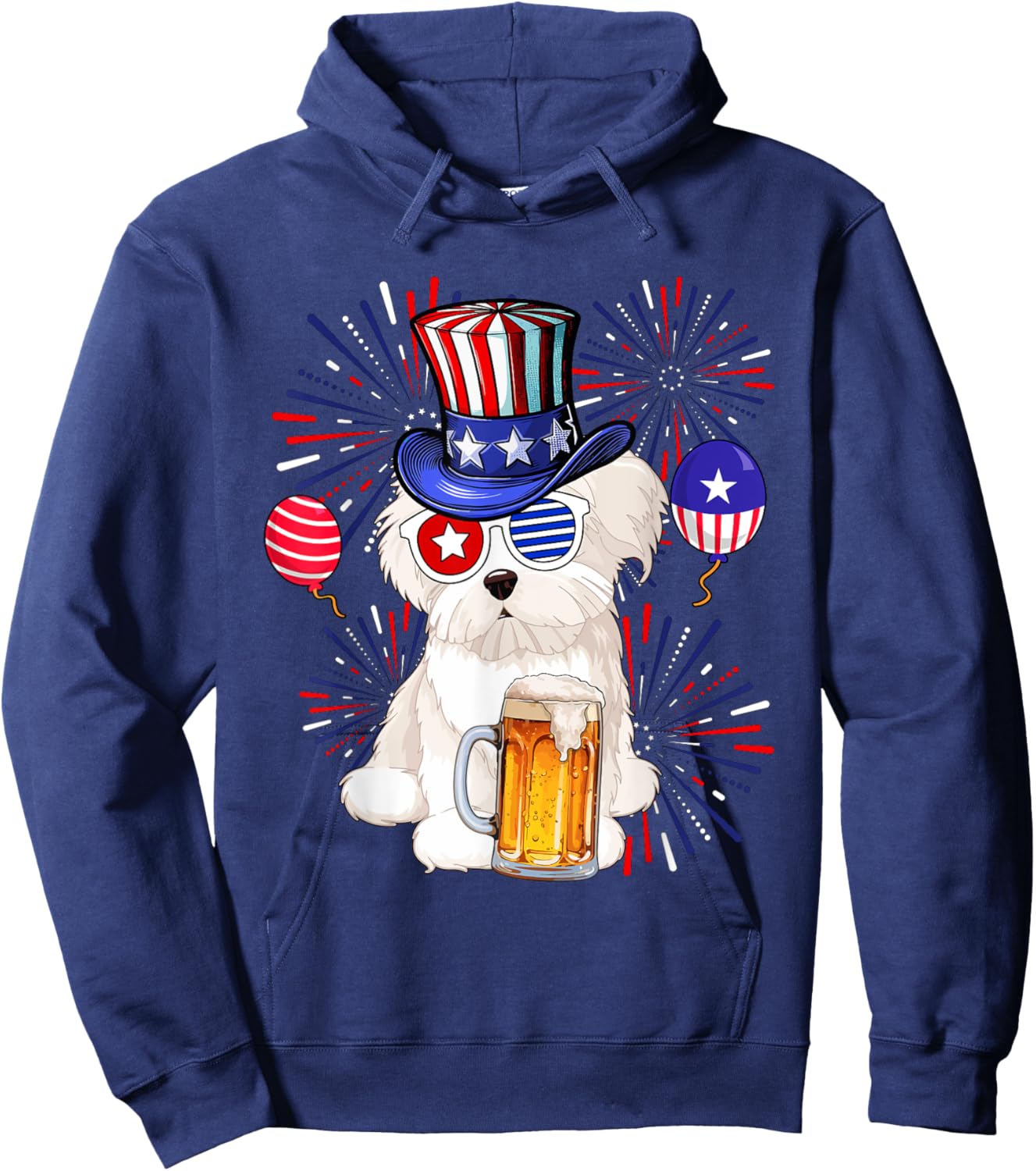 Maltese Sunglasses Drinking Beer 4th Of July Owner Lover Hoodie - Hoodie | Navy