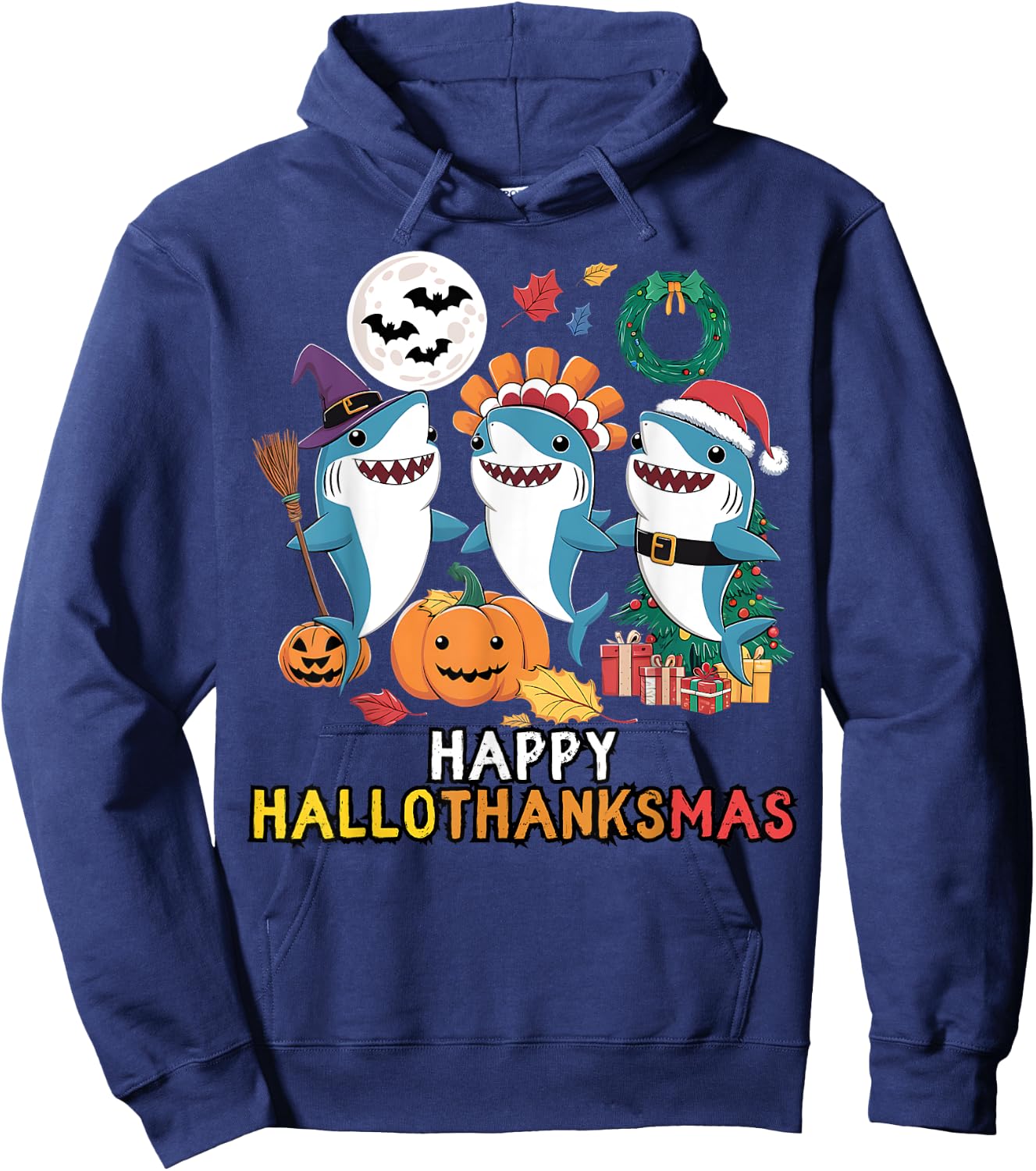 Happy Hallothanksmas Christmas Halloween, Shark Thanksgiving Hoodie - Hoodie | Navy