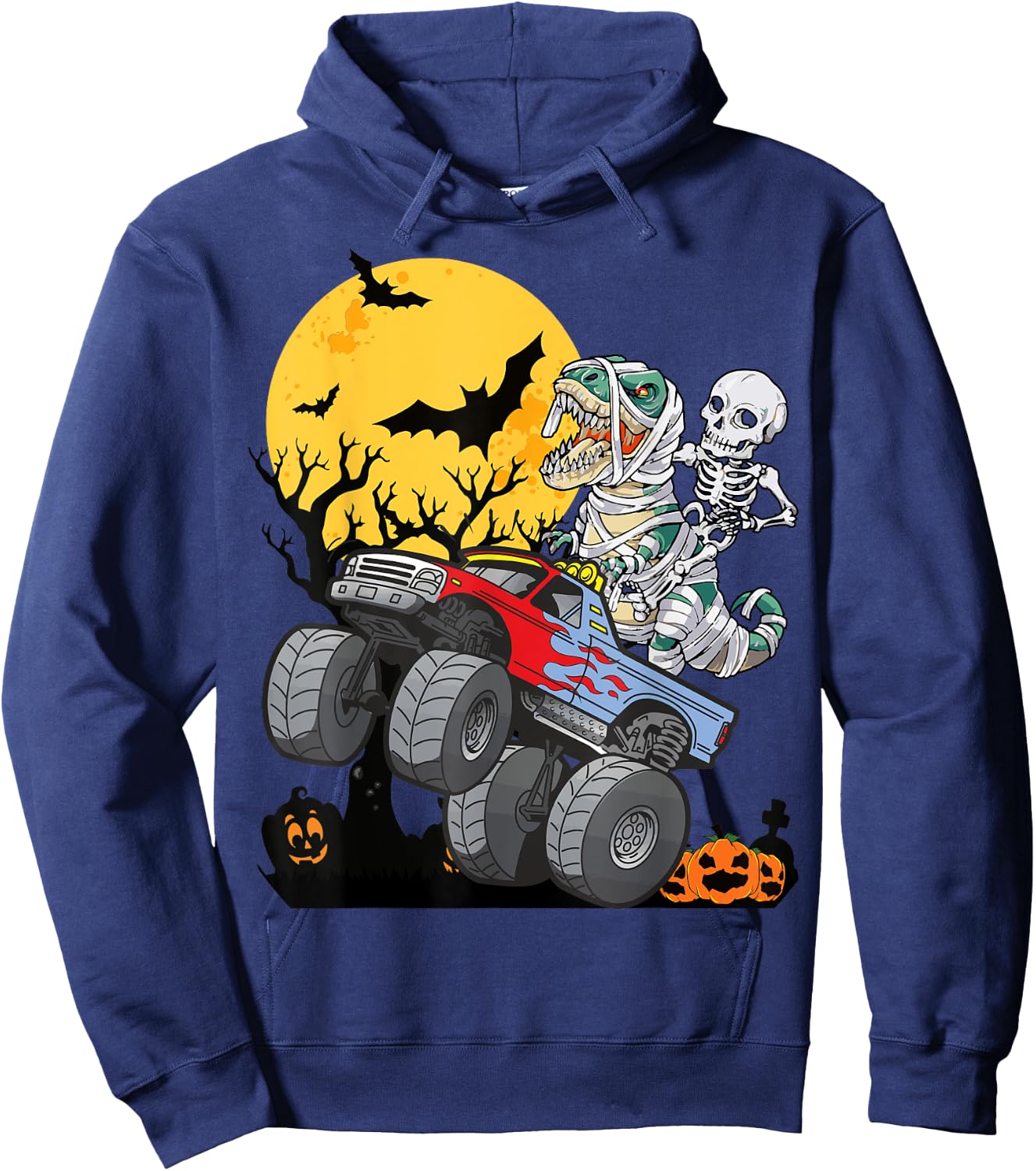 Boys Halloween Monster Truck Pumpkin Mummy Dinosaur T rex Hoodie - Hoodie | Navy