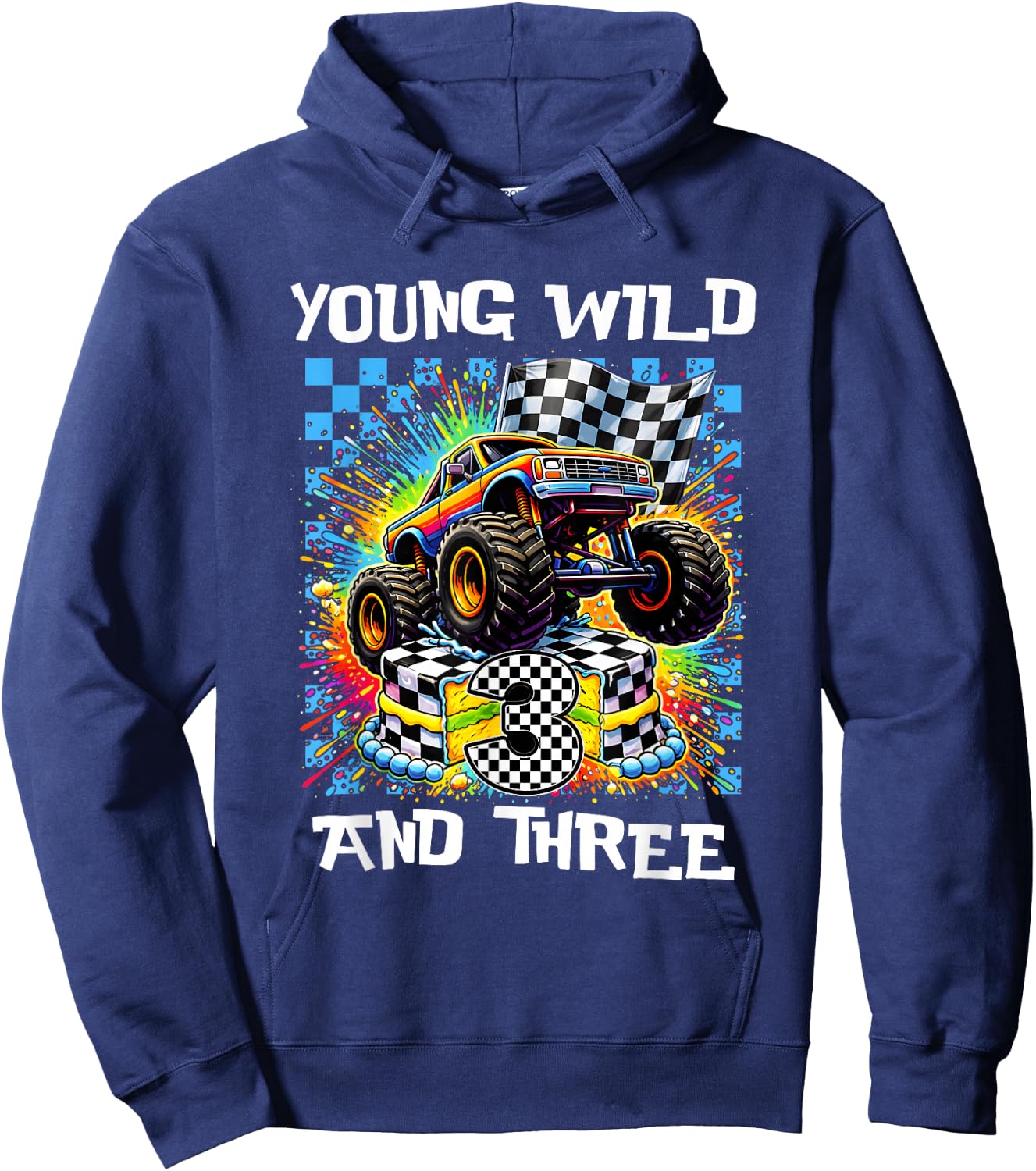 Boy Kids 3rd Birthday Monster Truck Young Wild and Three Hoodie - Hoodie | Navy