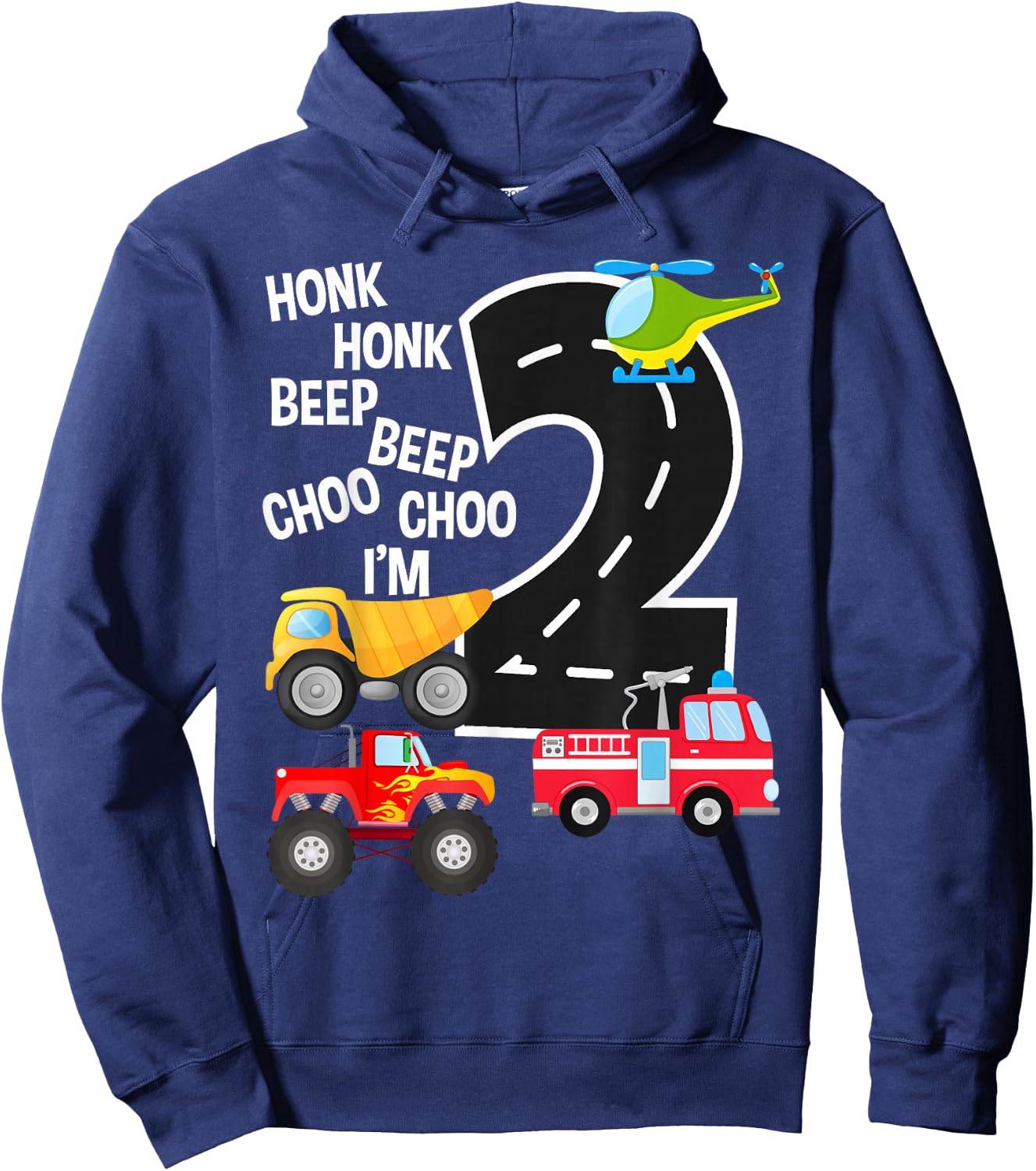 Kids Trucks 2nd Birthday Party Toddler I'm 2 Year Old Bday Hoodie - Hoodie | Navy