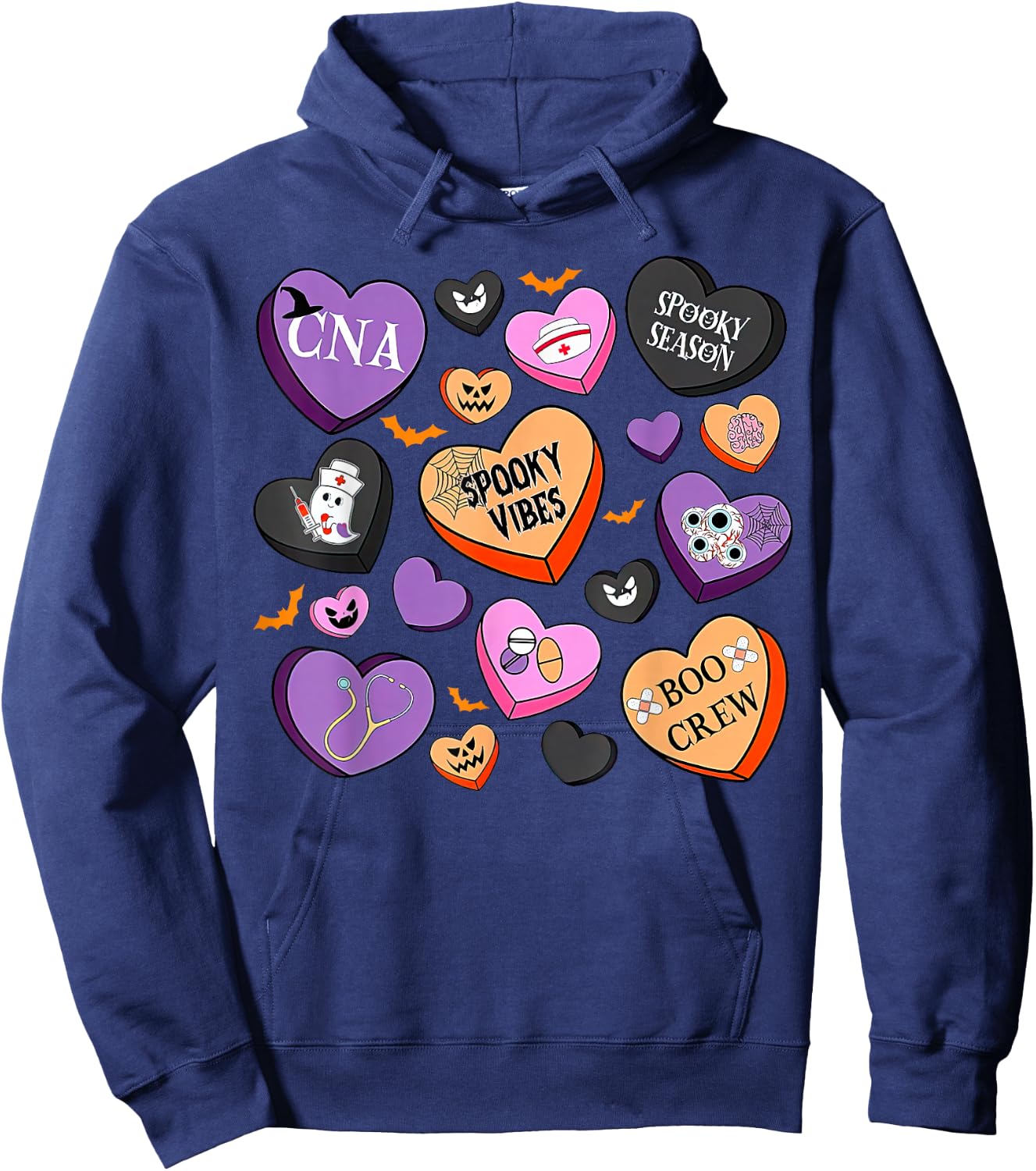 Halloween CNA Nurse Hearts Candy Certified Nursing Assistant Hoodie - Hoodie | Navy