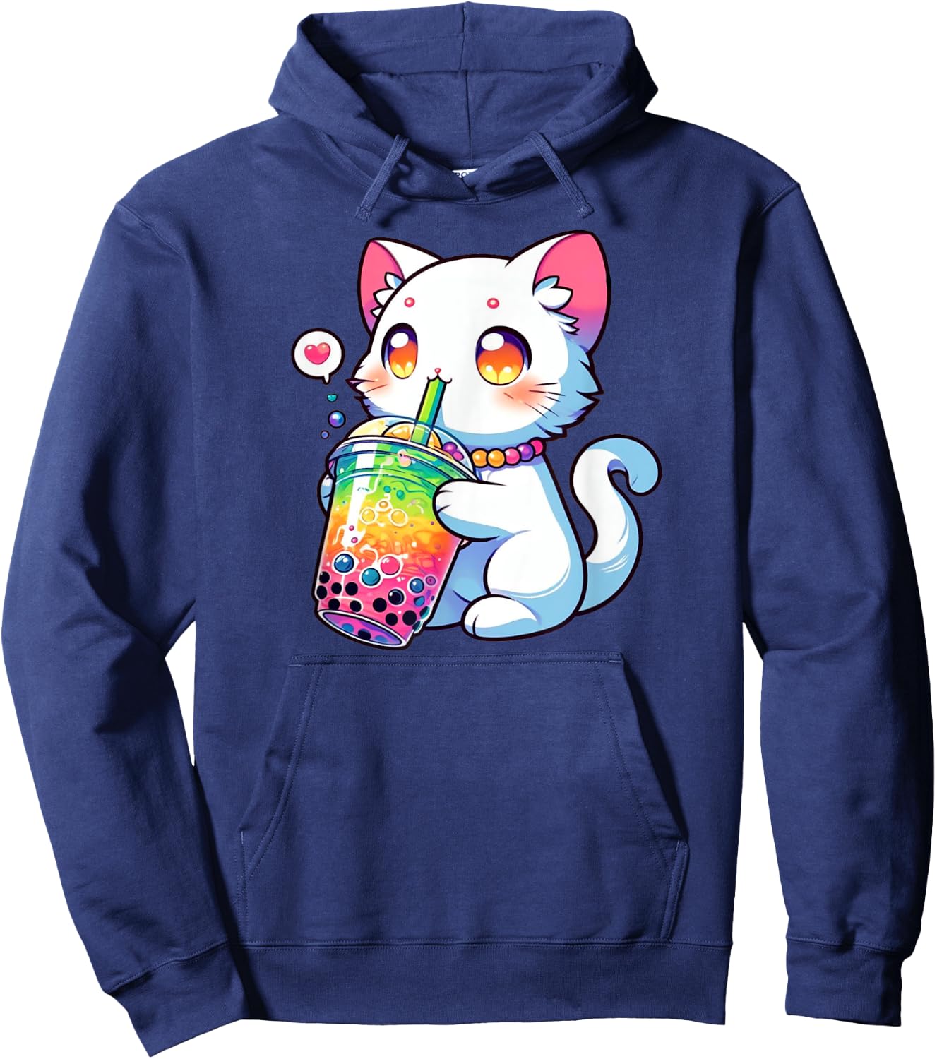 Cute Cat Boba Bubble Tea Rainbow Anime Kawaii Neko Fun Hoodie - Hoodie | Navy