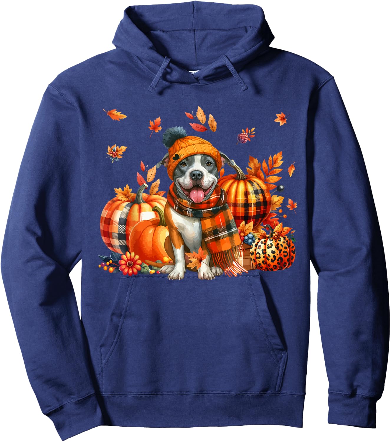 Pit Bull Thanksgiving Leopard Pumpkins Fall Leaves Lover Hoodie - Hoodie | Navy
