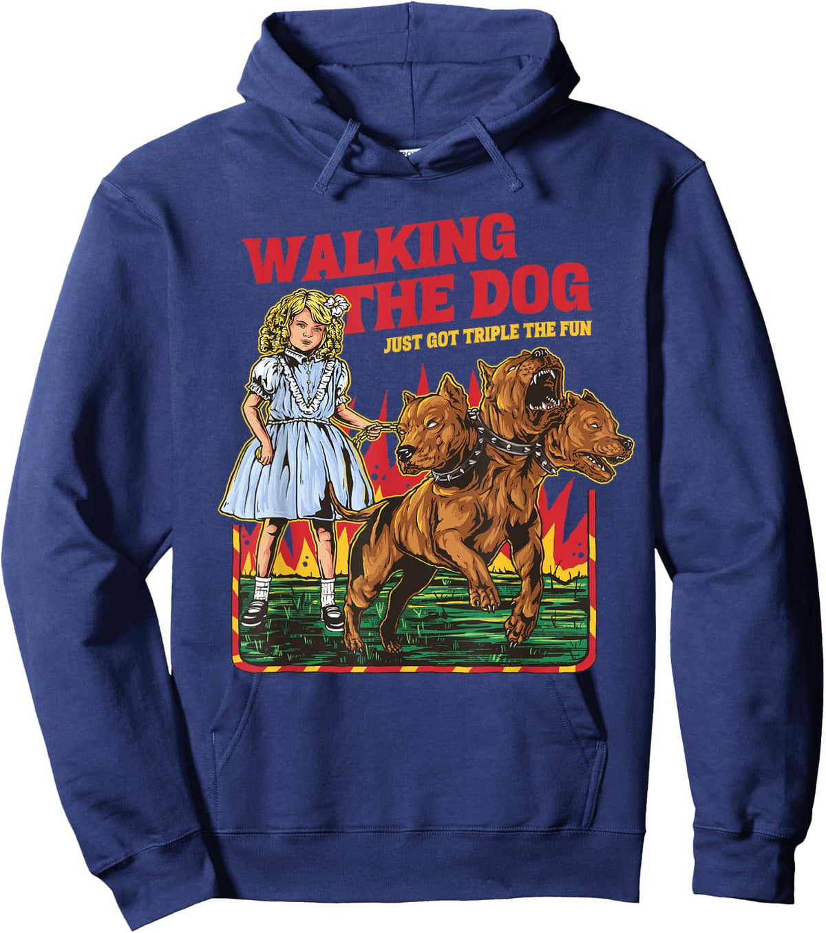 Walking The Dog Cerberus Funny Meme Graphic Vintage Retro Hoodie - Hoodie | Navy