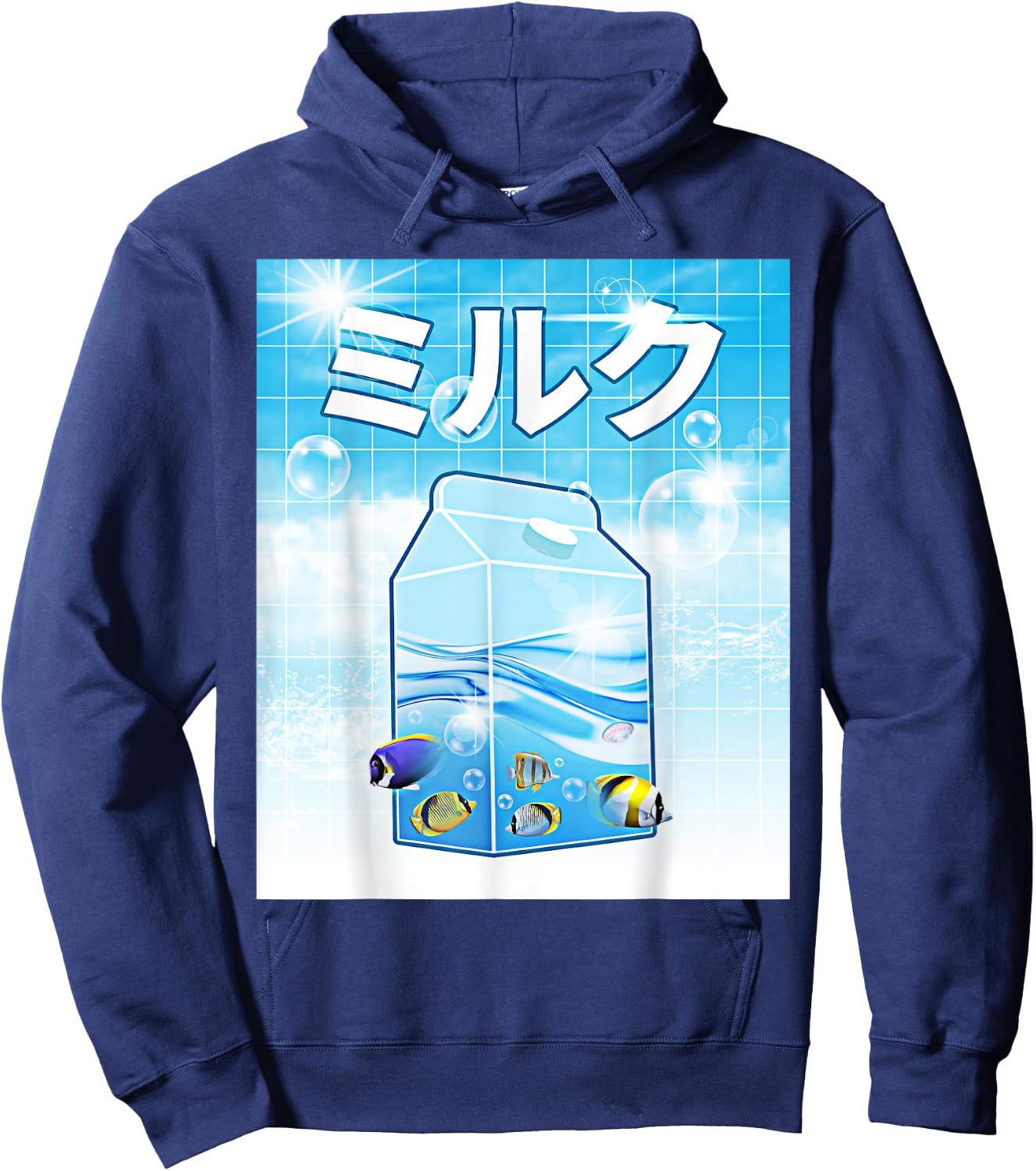 Frutiger Aero Aesthetic Tech Kawaii Milk Underwater Fishes Hoodie - Hoodie | Navy