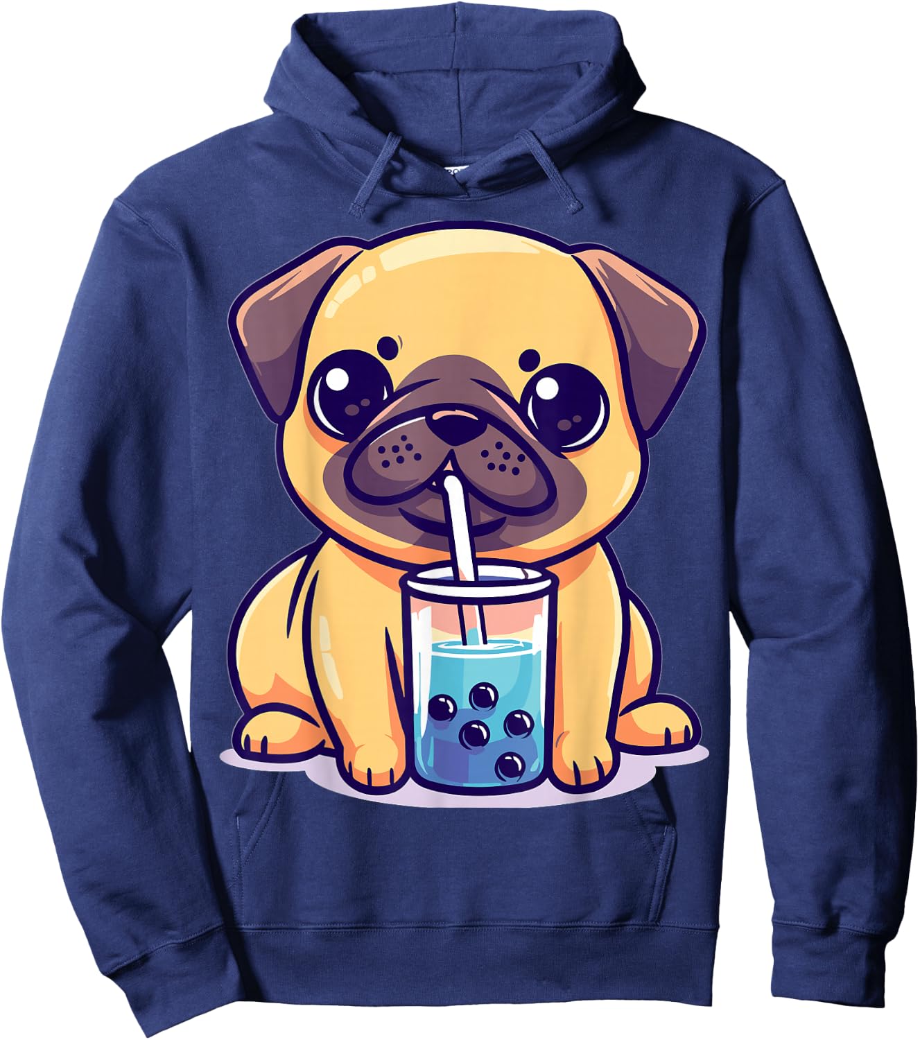 Kawaii Pug Puggy Dog Drinking Bubble Tea Boba Anime Hoodie - Hoodie | Navy