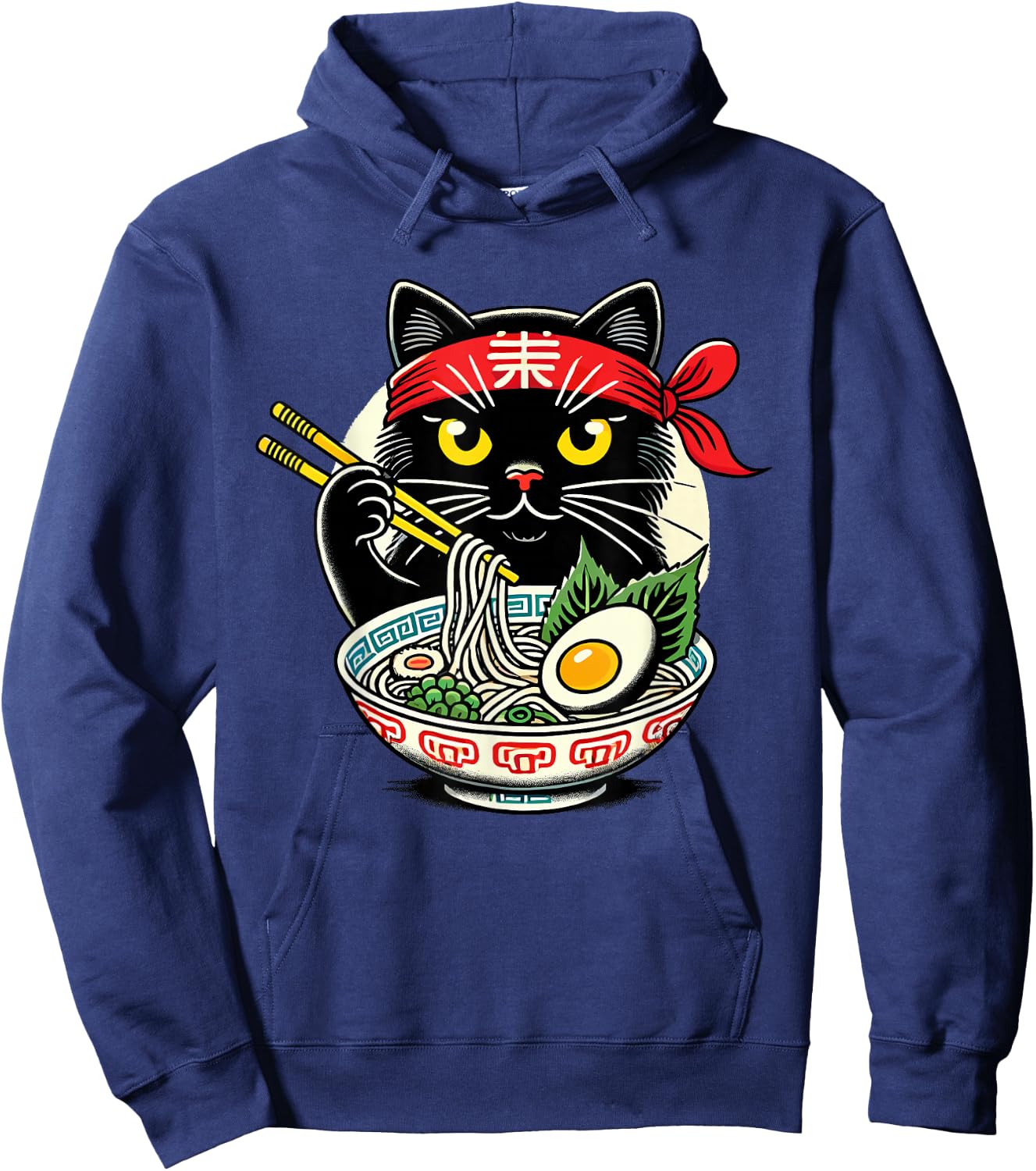 Cat Eating Ramen Noodles, Japanese Anime & Kawaii, Black Cat Hoodie - Hoodie | Navy