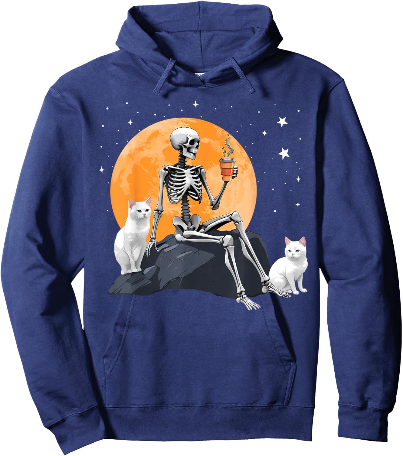 Cute Cat Kitten And Skeleton Drinking Coffee Halloween Hoodie - Hoodie | Navy