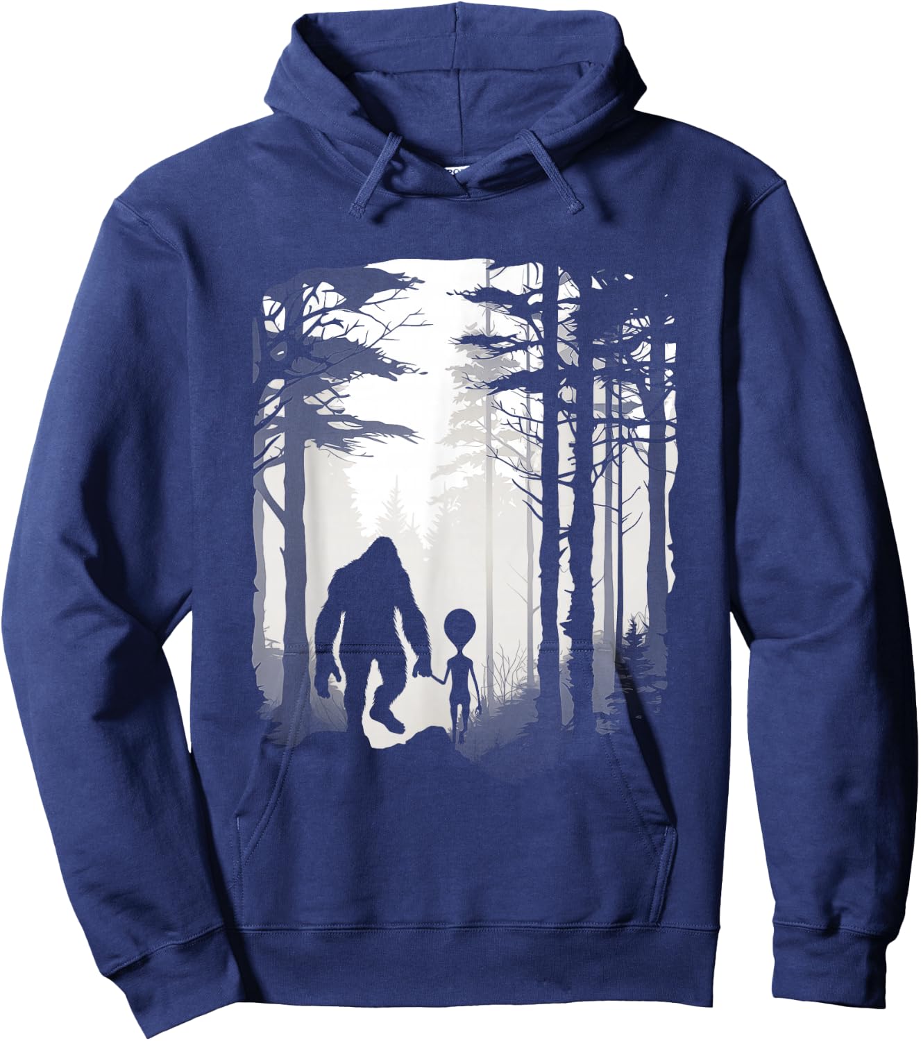 Funny Bigfoot Alien Holding Hands Foggy Forest Walk Hoodie - Hoodie | Navy