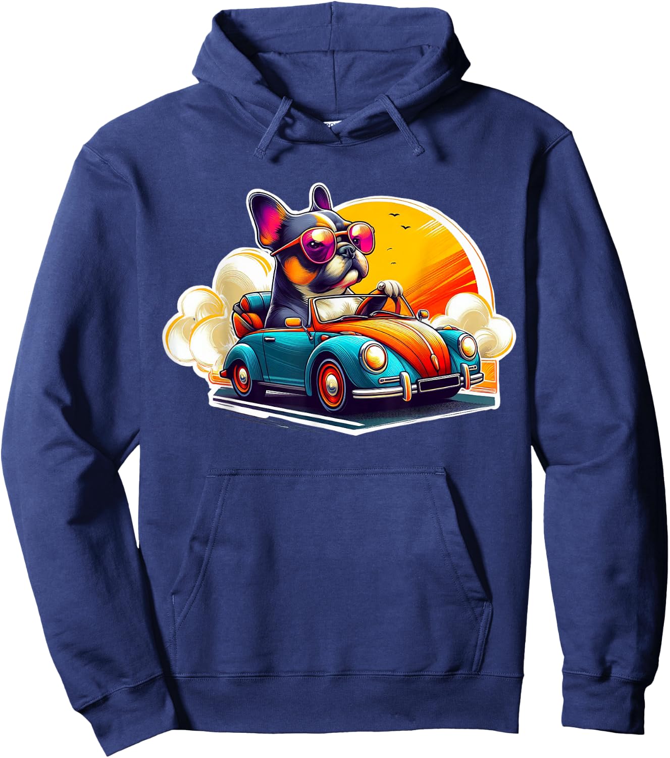 French Bulldog Driving Retro Convertible Car - Frenchie Gift Hoodie - Hoodie | Navy