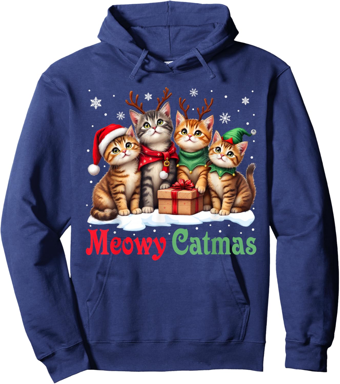 Cat Christmas Pajamas Men Women Boys Girls Meowy Catmas Hoodie - Hoodie | Navy