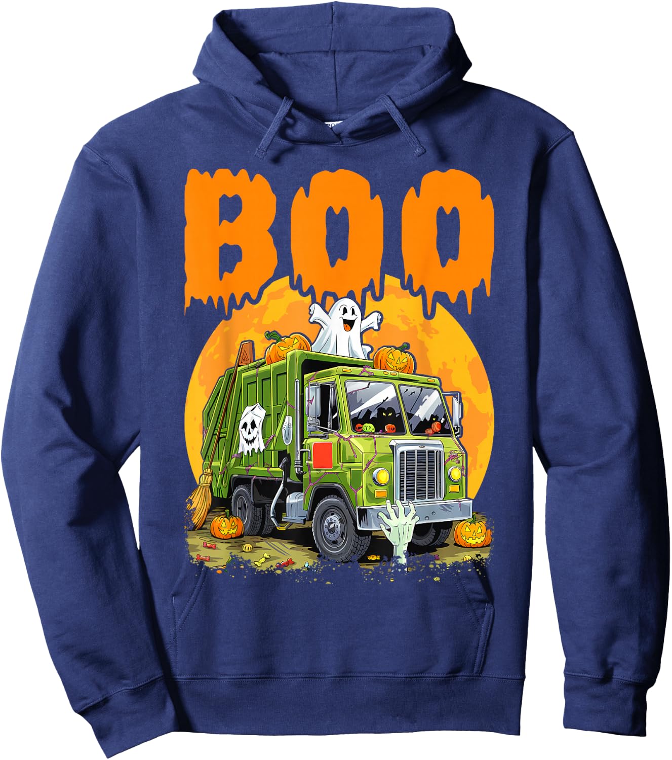 Ghost Driving Garbage Truck With Candy Bag Carved Pumpkin Hoodie - Hoodie | Navy