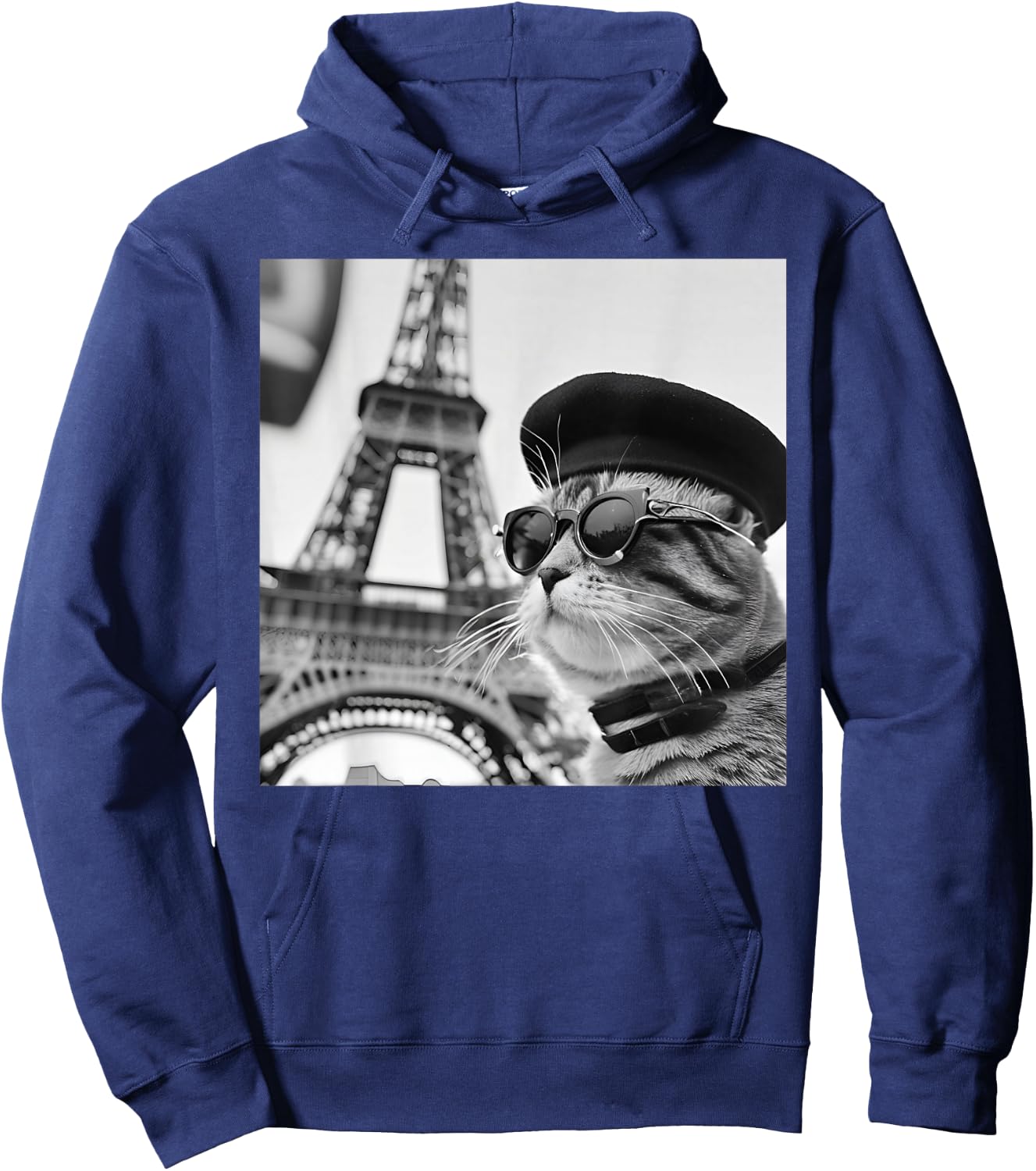 Funny Cat Wearing Sunglasses and A Beret At The Eiffel Tower Hoodie - Hoodie | Navy