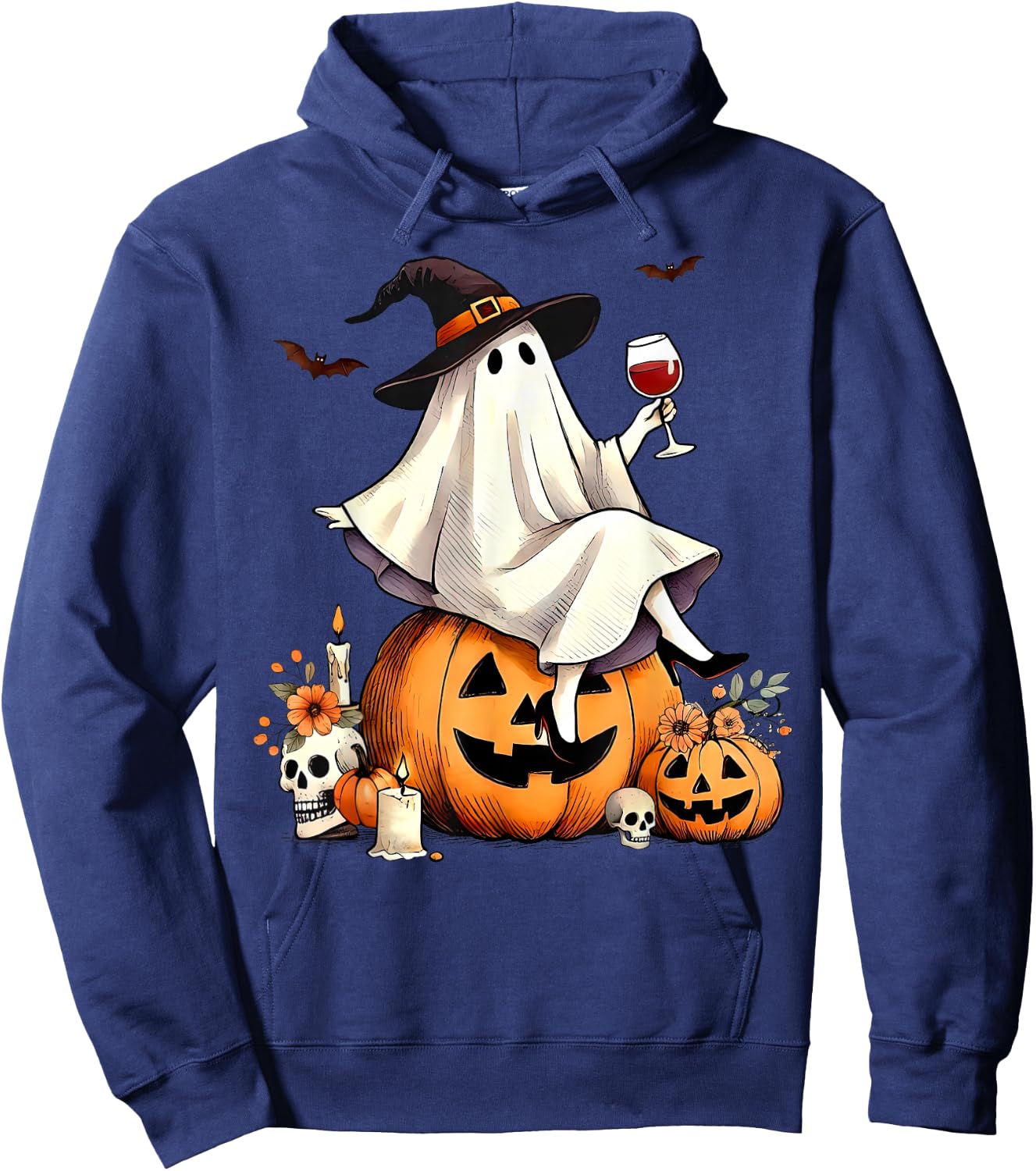 Witch Ghost Wine Drinking Pumpkin Halloween Spooky Season Hoodie - Hoodie | Navy