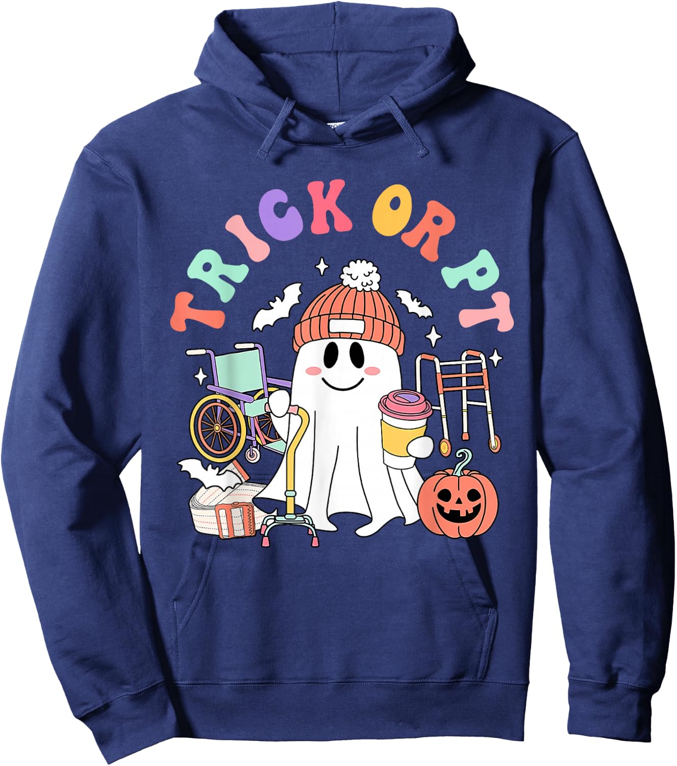 Retro Trick Or PT Physical Therapy Boo Ghost PT Halloween Hoodie - Hoodie | Navy