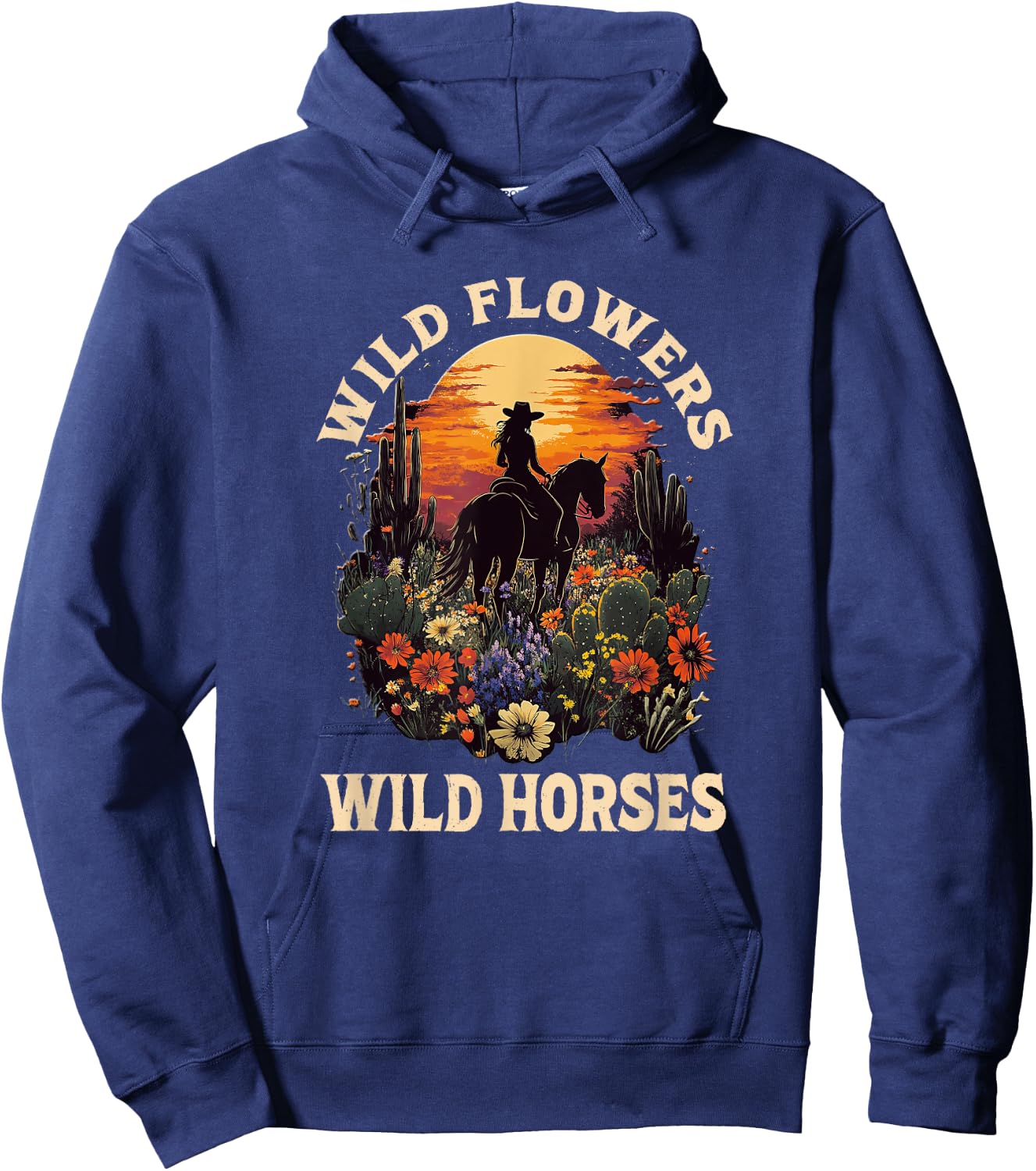 Western Sunset Cowgirl Riding Horse Wild Flowers Wild Horses Hoodie - Hoodie | Navy