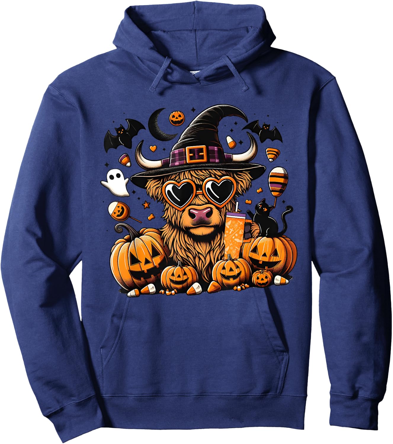 Halloween Highland Cow , Cute Witch Spooky Halloween Cow Hoodie - Hoodie | Navy