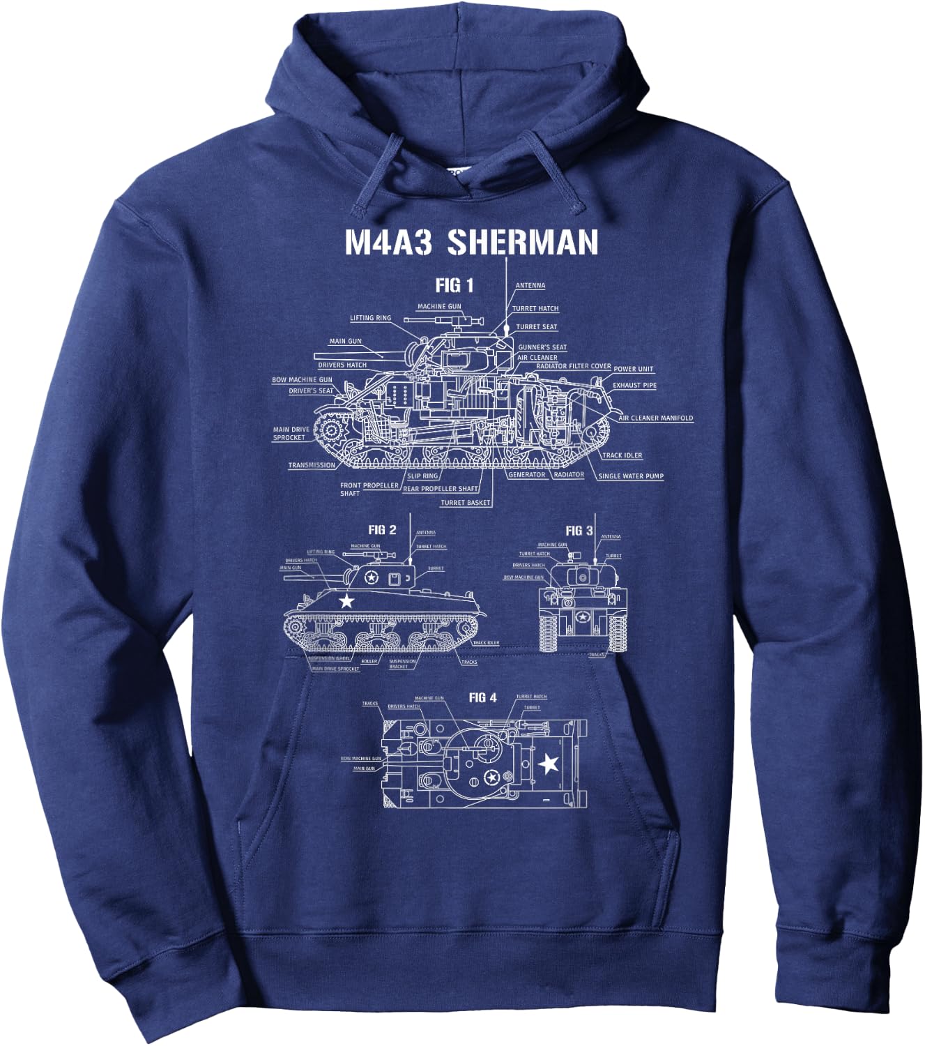 World War 2 American Tank M4A3 Sherman Blueprint Hoodie - Hoodie | Navy