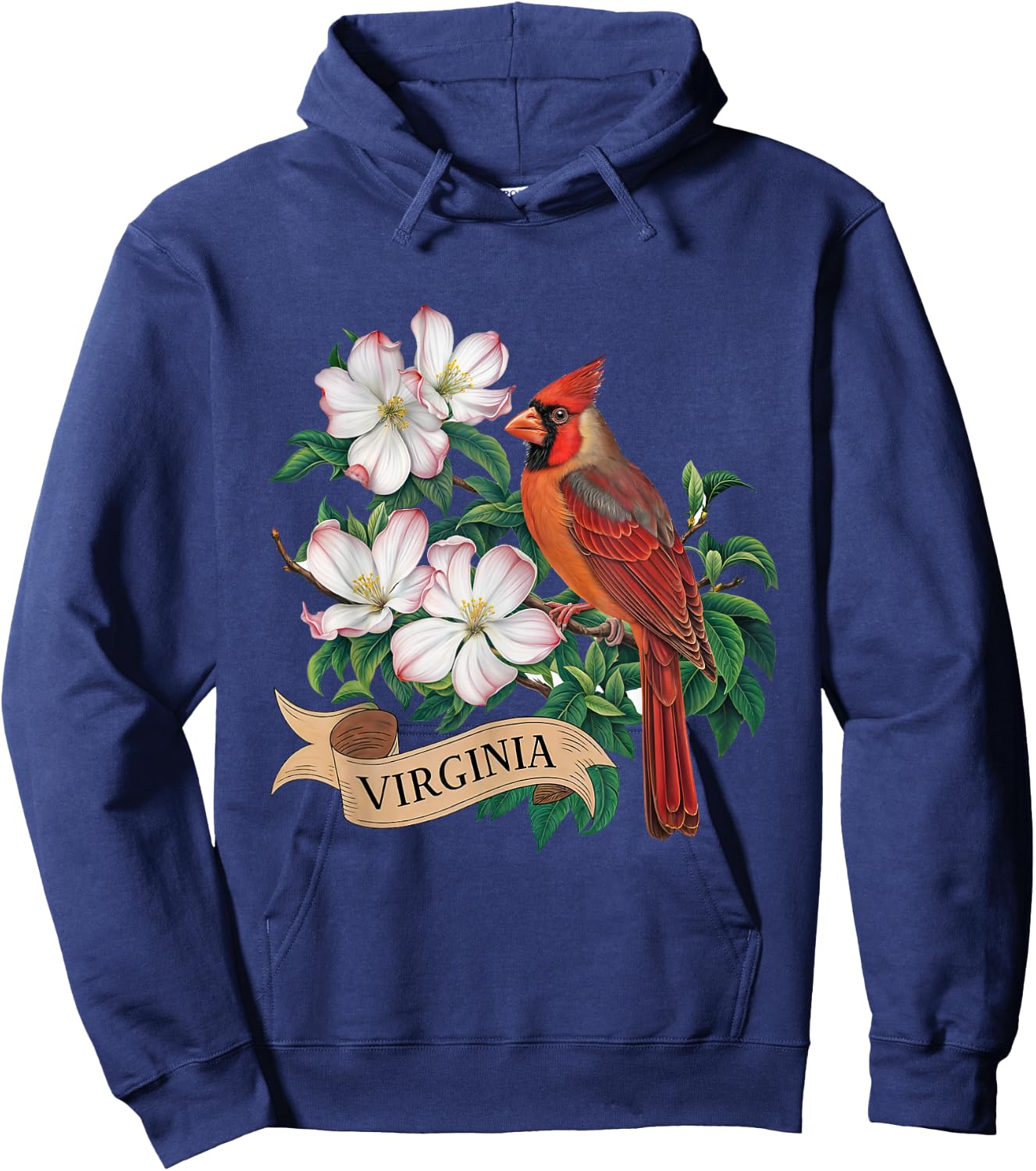 Virginia Cardinal Bird and Flowering Dogwood Flower Hoodie - Hoodie | Navy