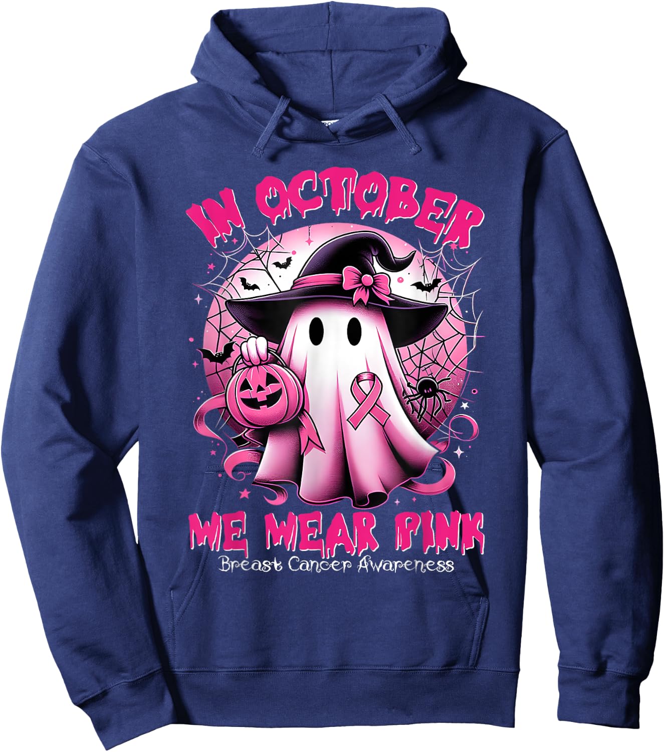 In October We Wear Pink Witch Ghost Breast Cancer Awareness Hoodie - Hoodie | Navy