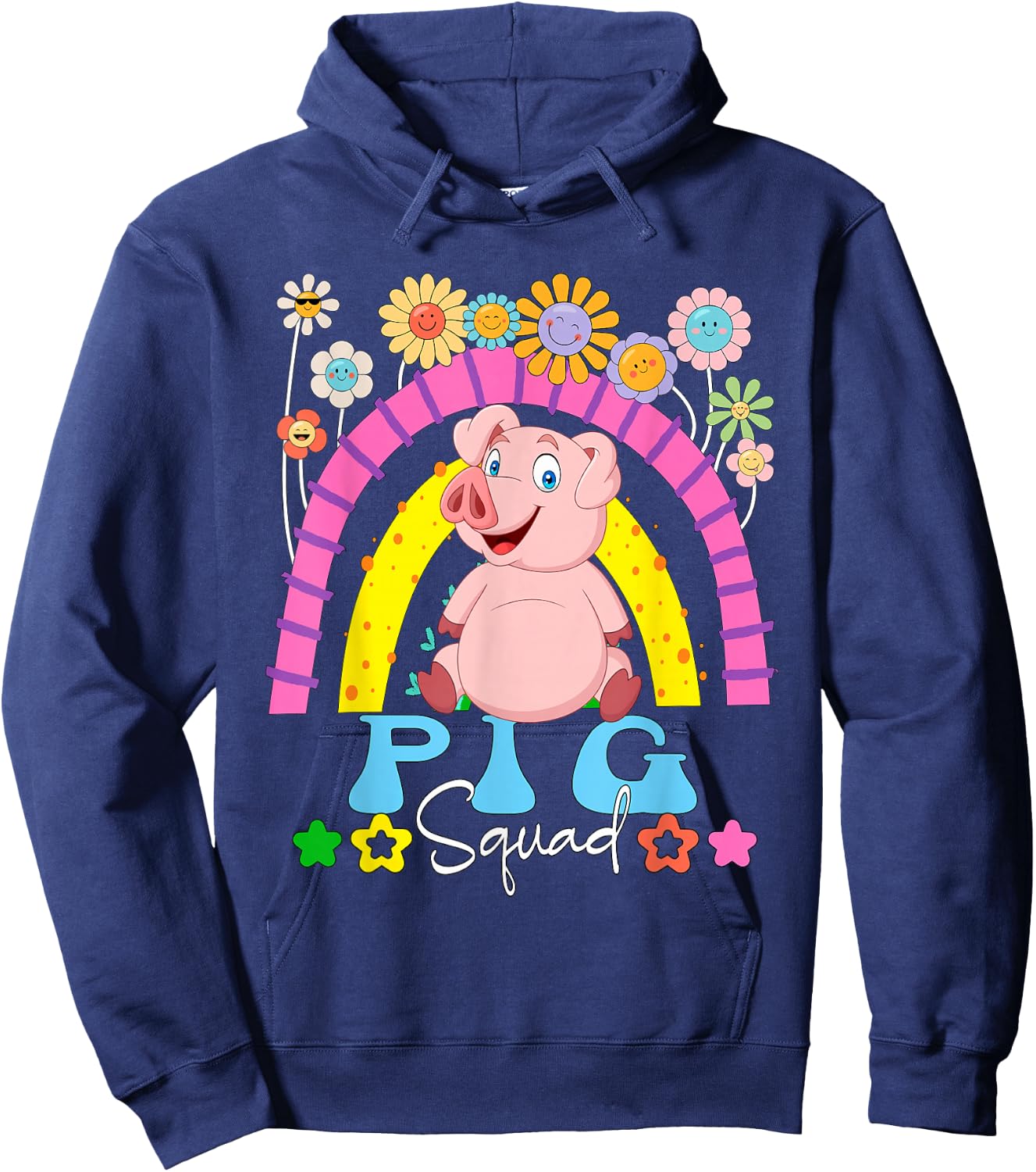 Pig Funny Squad Costume Flowers Rainbow Farmer Rancher Hoodie - Hoodie | Navy