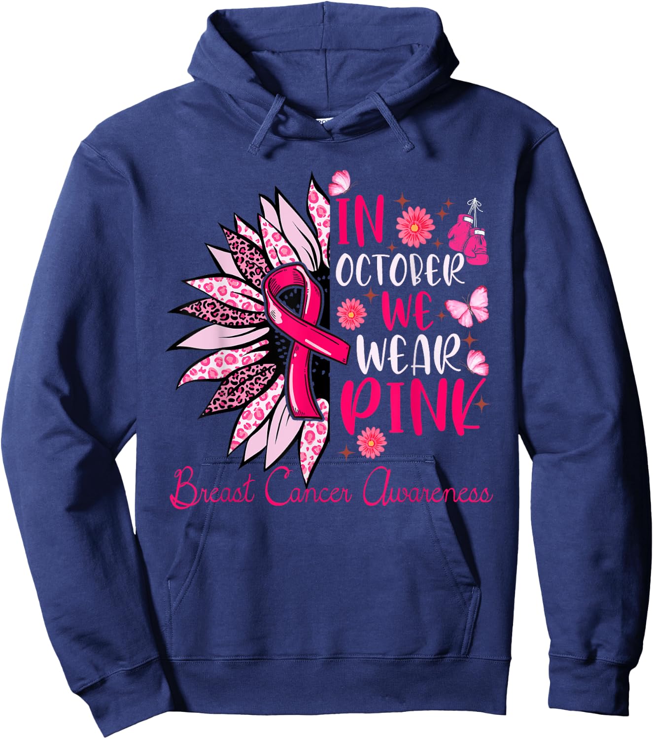 Sunflower Pink Breast Cancer Awareness Women Girls Warrior Hoodie - Hoodie | Navy