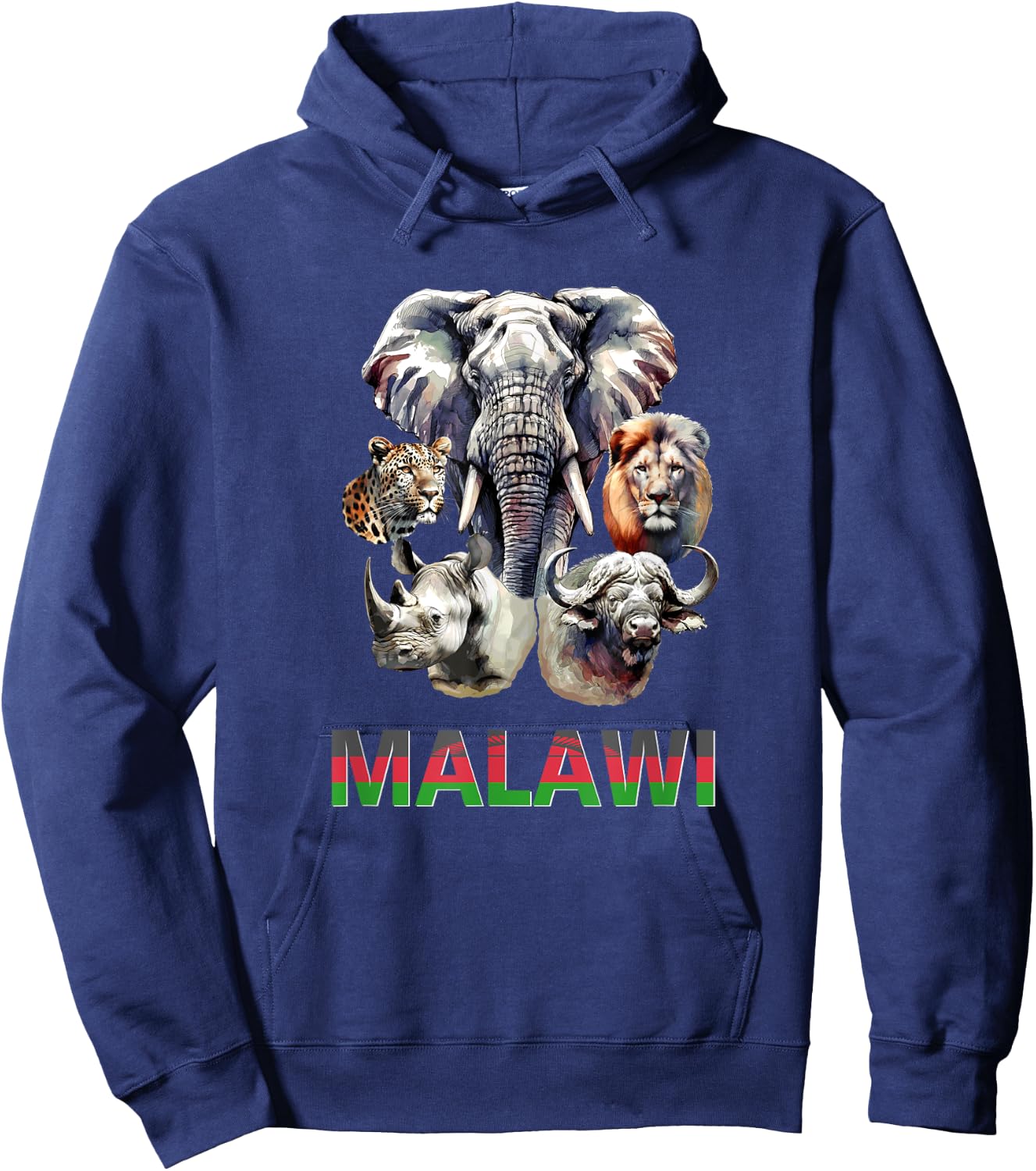 Malawi Big Five Wildlife in Watercolor for Malawi Fans Hoodie - Hoodie | Navy