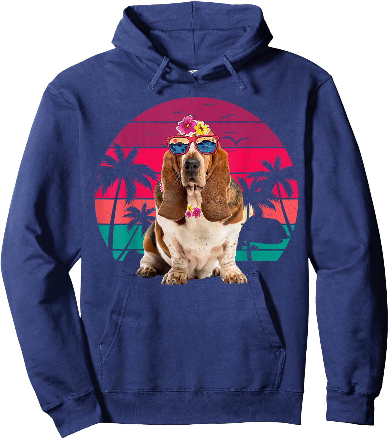 Retro Hawaiian Basset Hound Dog Tropical Floral Summer Vibes Women Kids Hoodie - Hoodie | Navy