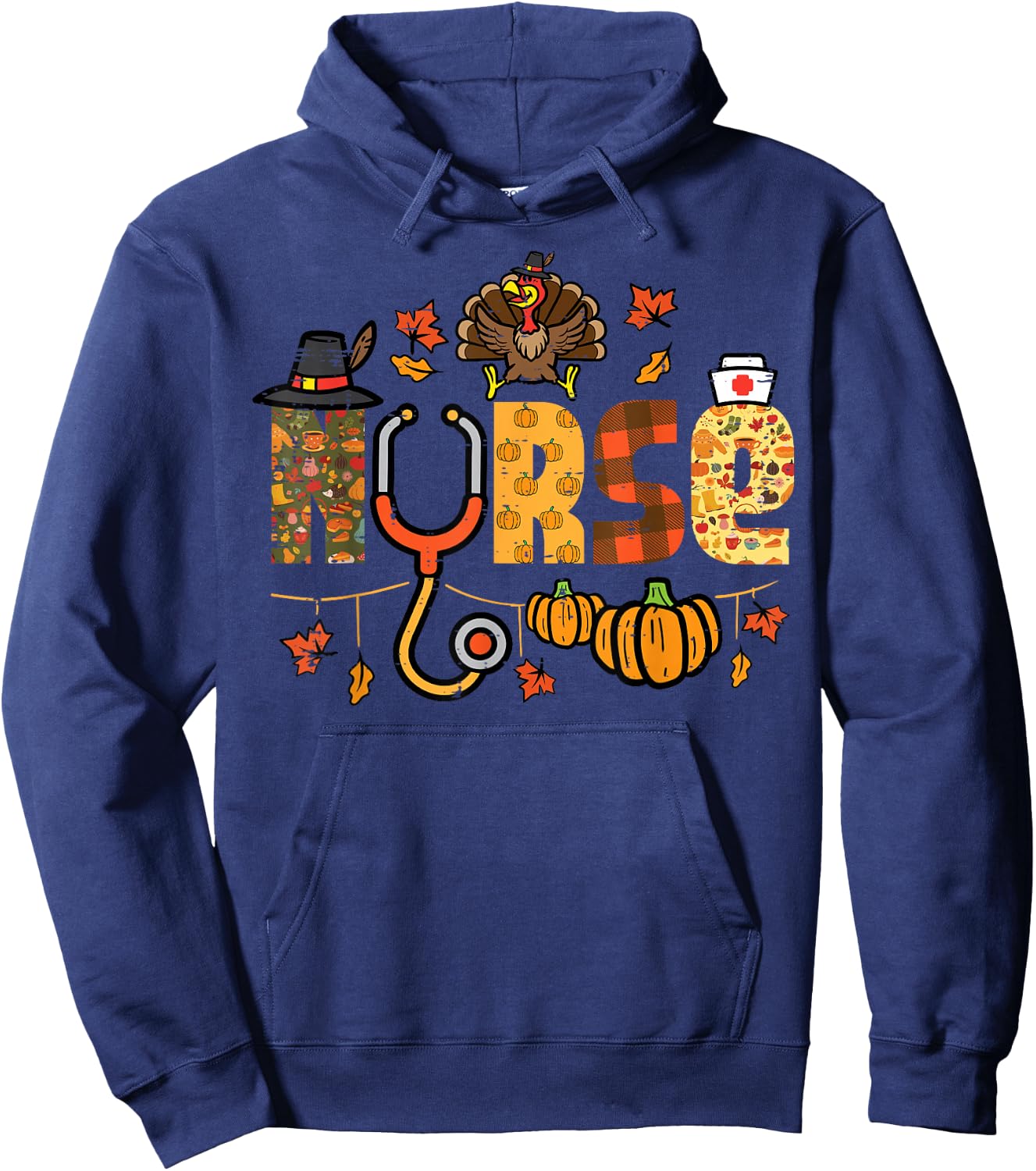 Thanksgiving Nurse Stethoscope Fall Scrub Top ER Men Women Hoodie - Hoodie | Navy