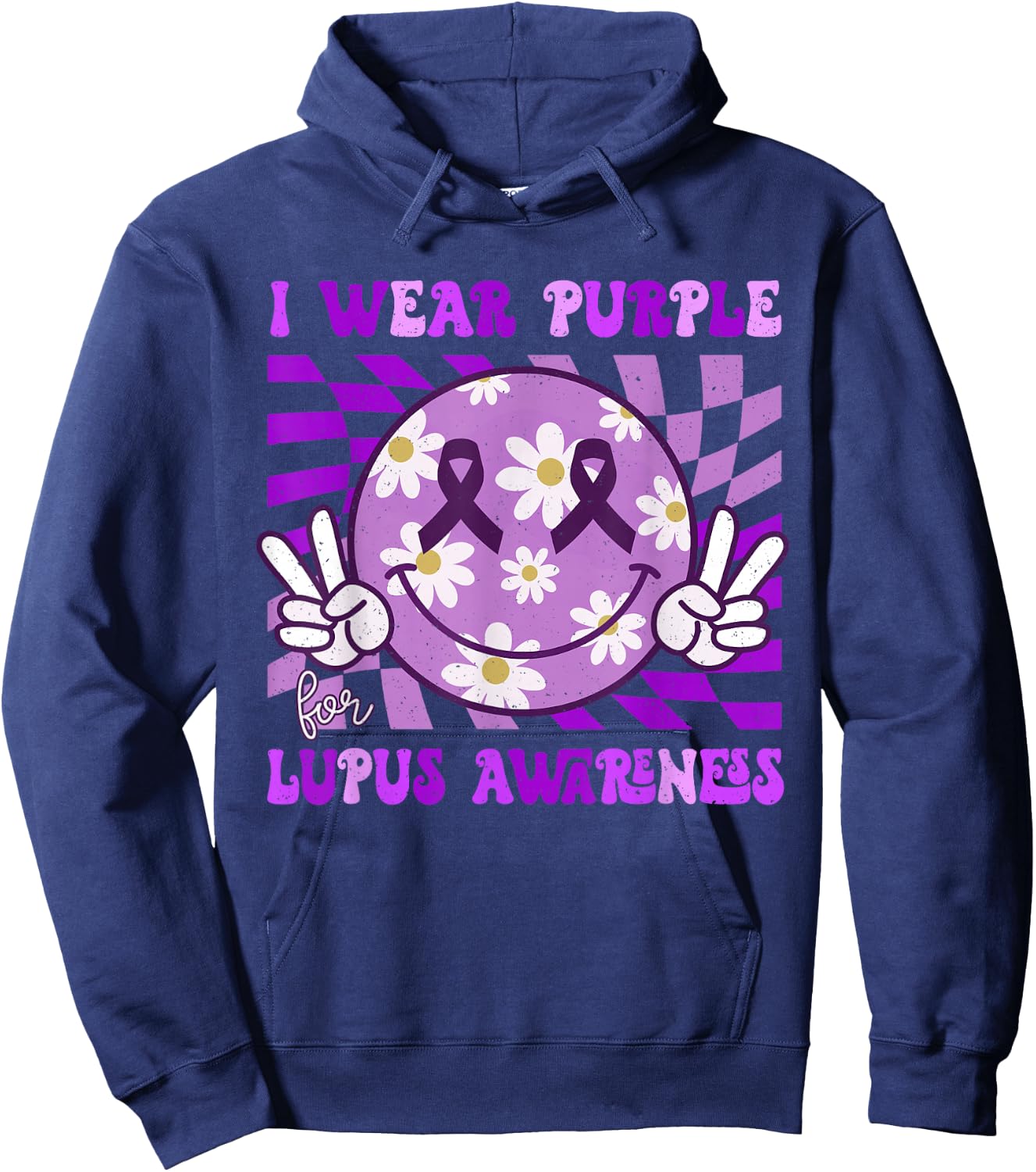 Retro Lupus Awareness Smile Hippie Checkered Purple Ribbon Hoodie - Hoodie | Navy