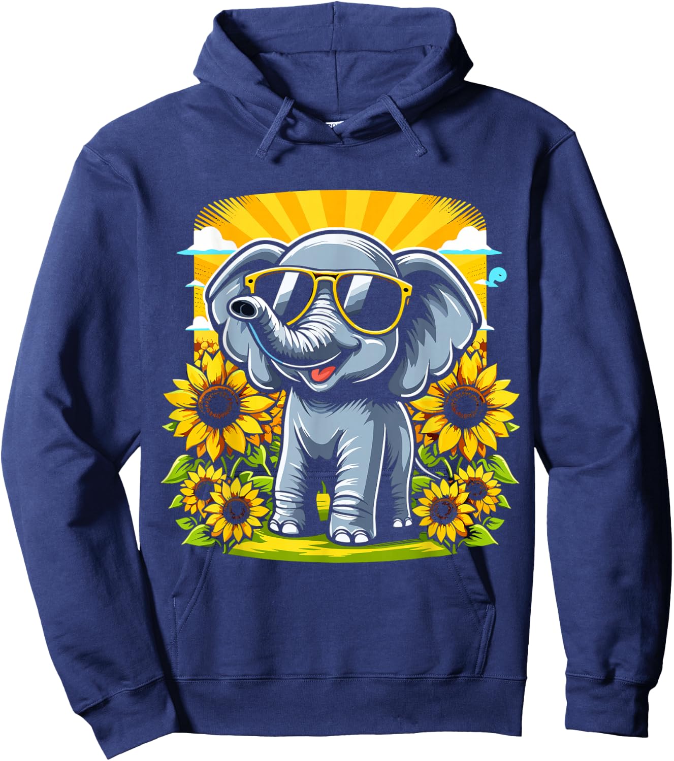 Elephant with Sunglasses and Sunflowers Funny Elephant Lover Hoodie - Hoodie | Navy