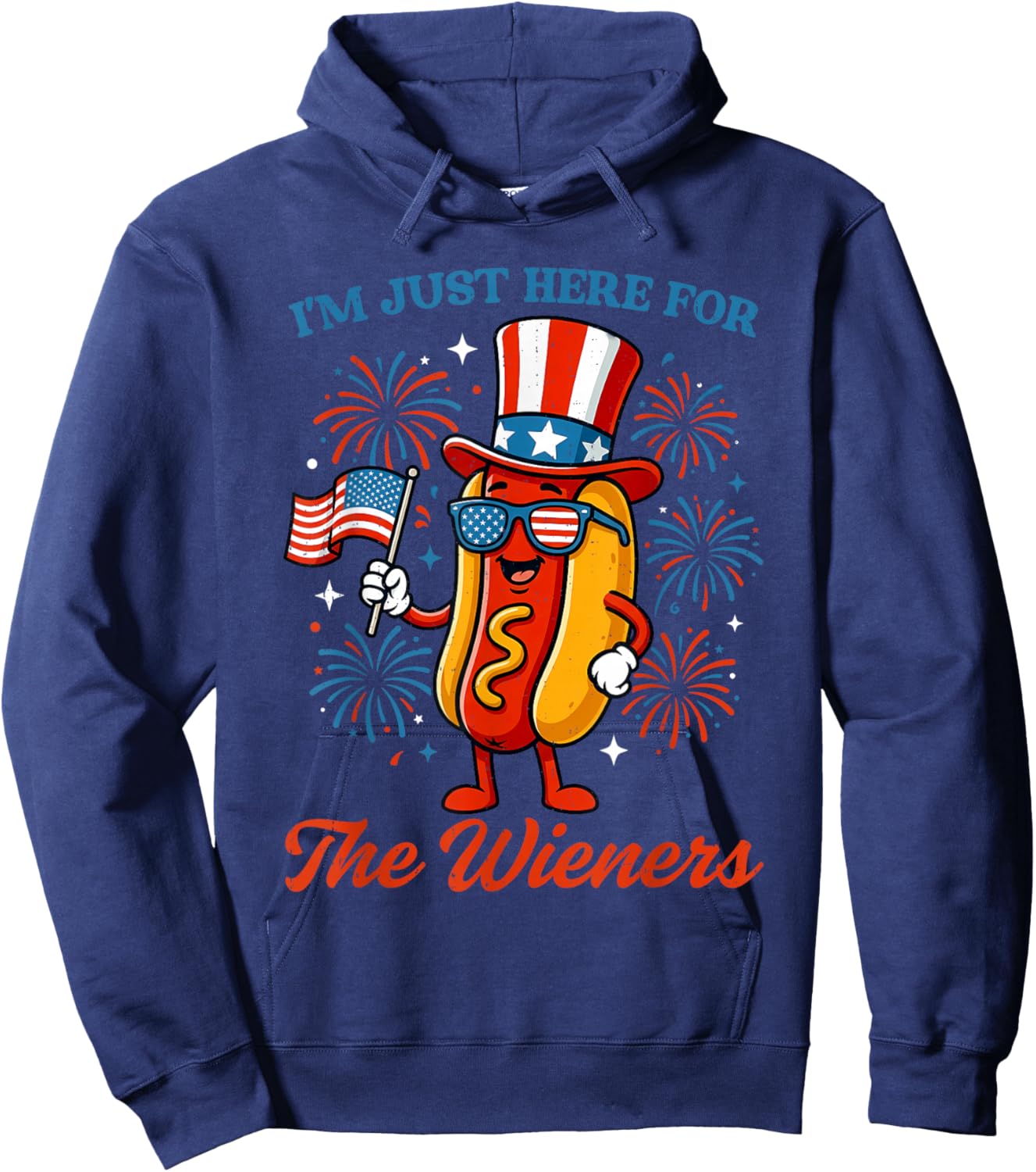 Here for Wieners 4th of July Hotdog Patriotic USA Men Women Hoodie - Hoodie | Navy
