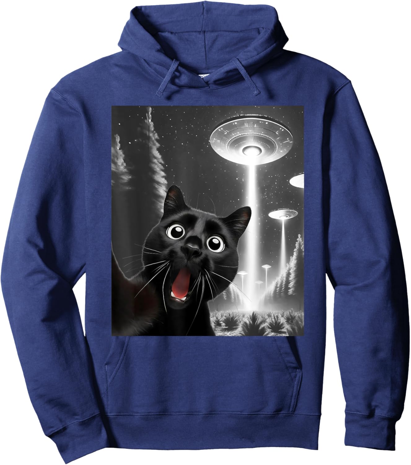 Funny Black Cat Alien UFO Taking a Selfie Cat Mom Dad Hoodie - Hoodie | Navy