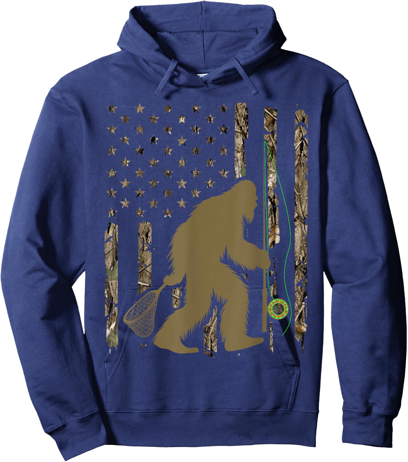 Bigfoot Fly Fishing Sasquatch American Flag Tree Camouflage Men Hoodie - Hoodie | Navy