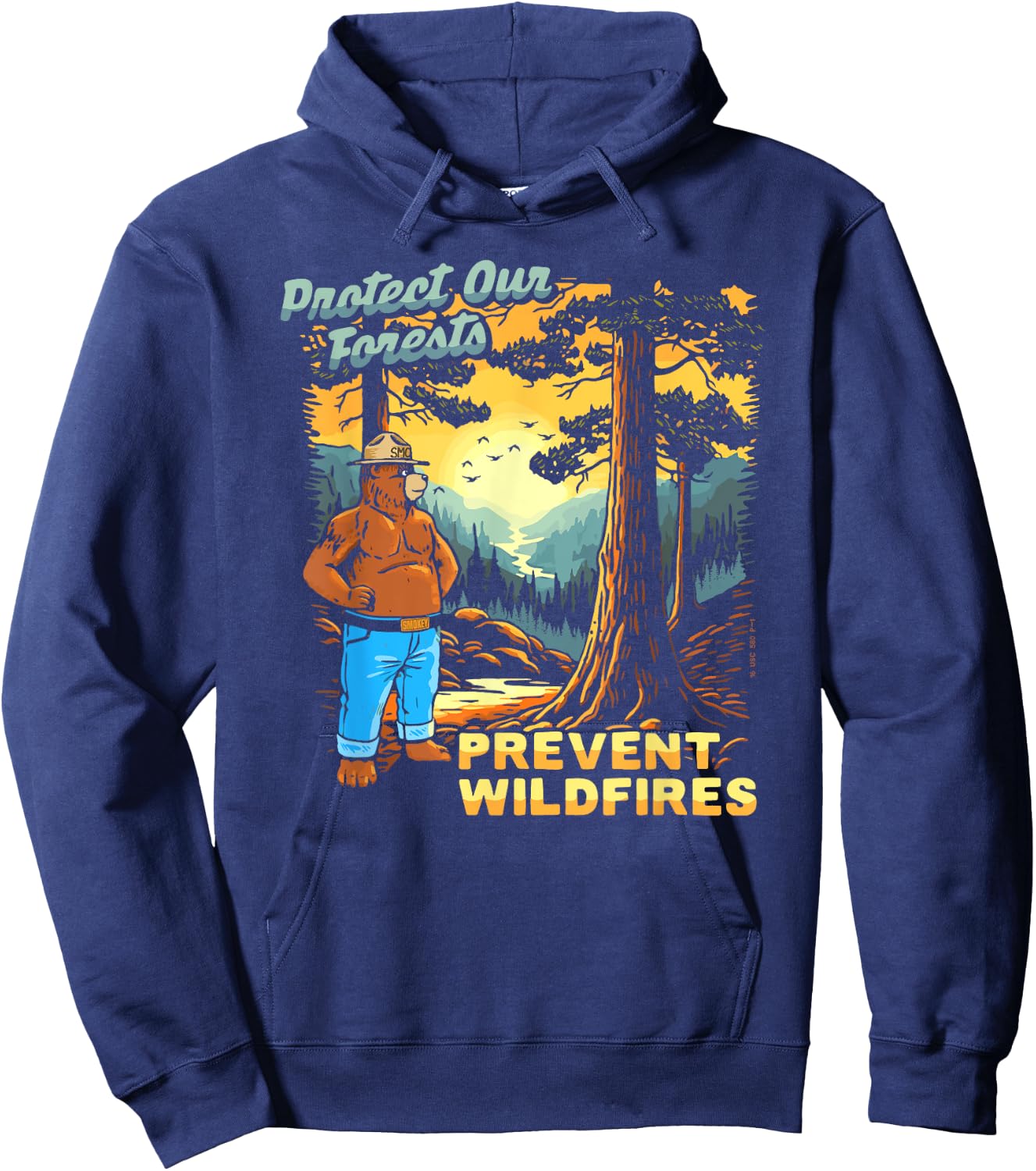 Smokey Bear Sunset Overlook - Protect Our Forests Retro Art Hoodie - Hoodie | Navy