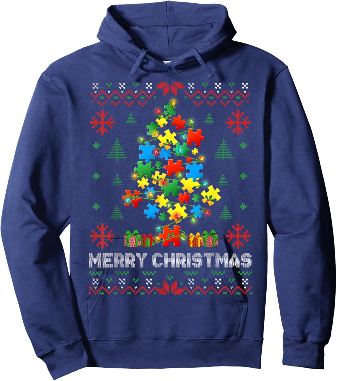 Funny Autism Puzzle Piece Xmas Tree Ugly Christmas Sweater Hoodie - Hoodie | Navy